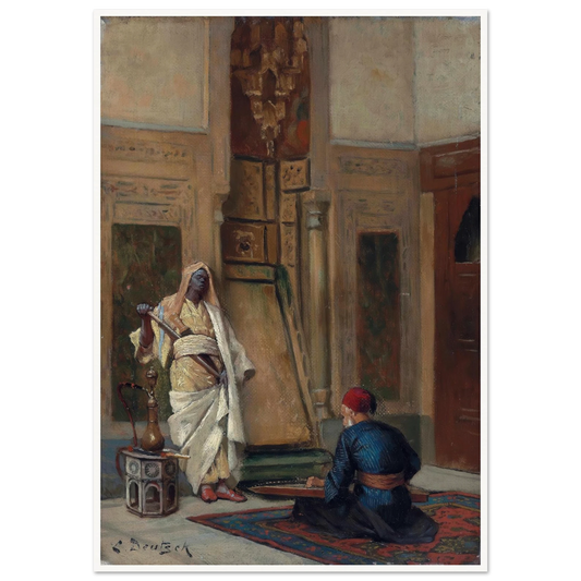 A musician and a guardsman in an oriental interior Art Print | Ludwig Deutsch - Framed Poster - 30x40 cm / 12x16″ - Black frame