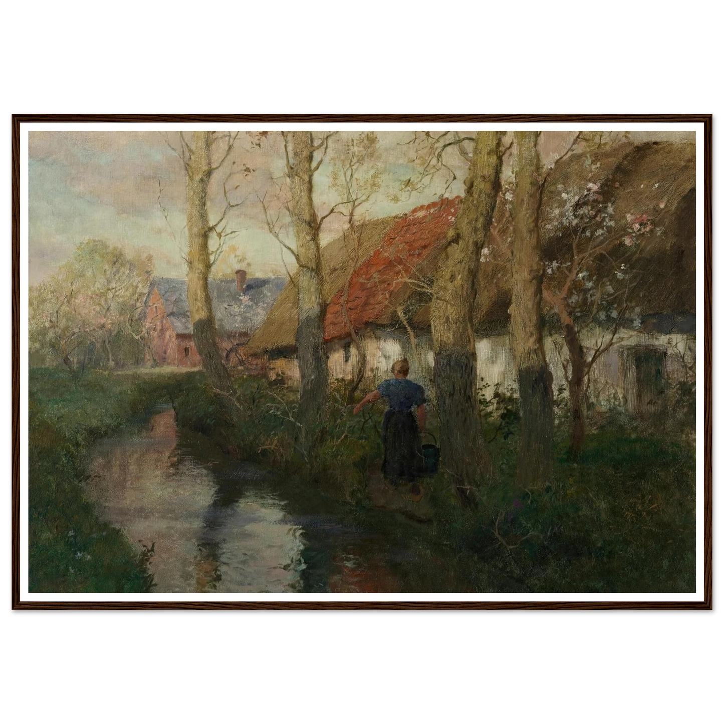 A River in Normandy with a Woman Carrying Water (circa 1894-1898) Art Print | Frits Thaulow - Framed Poster - 30x40 cm / 12x16″ - Black frame