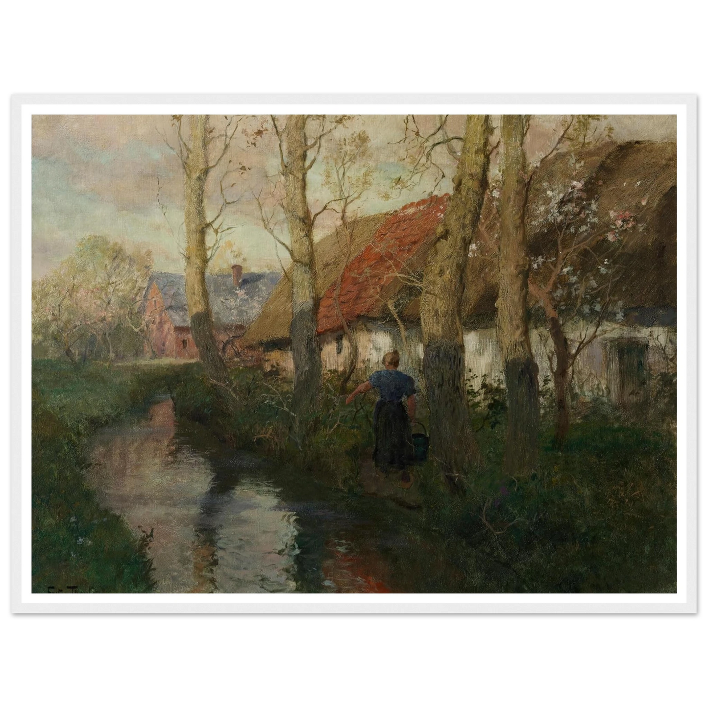 A River in Normandy with a Woman Carrying Water (circa 1894-1898) Art Print | Frits Thaulow - Framed Poster - 30x40 cm / 12x16″ - Black frame
