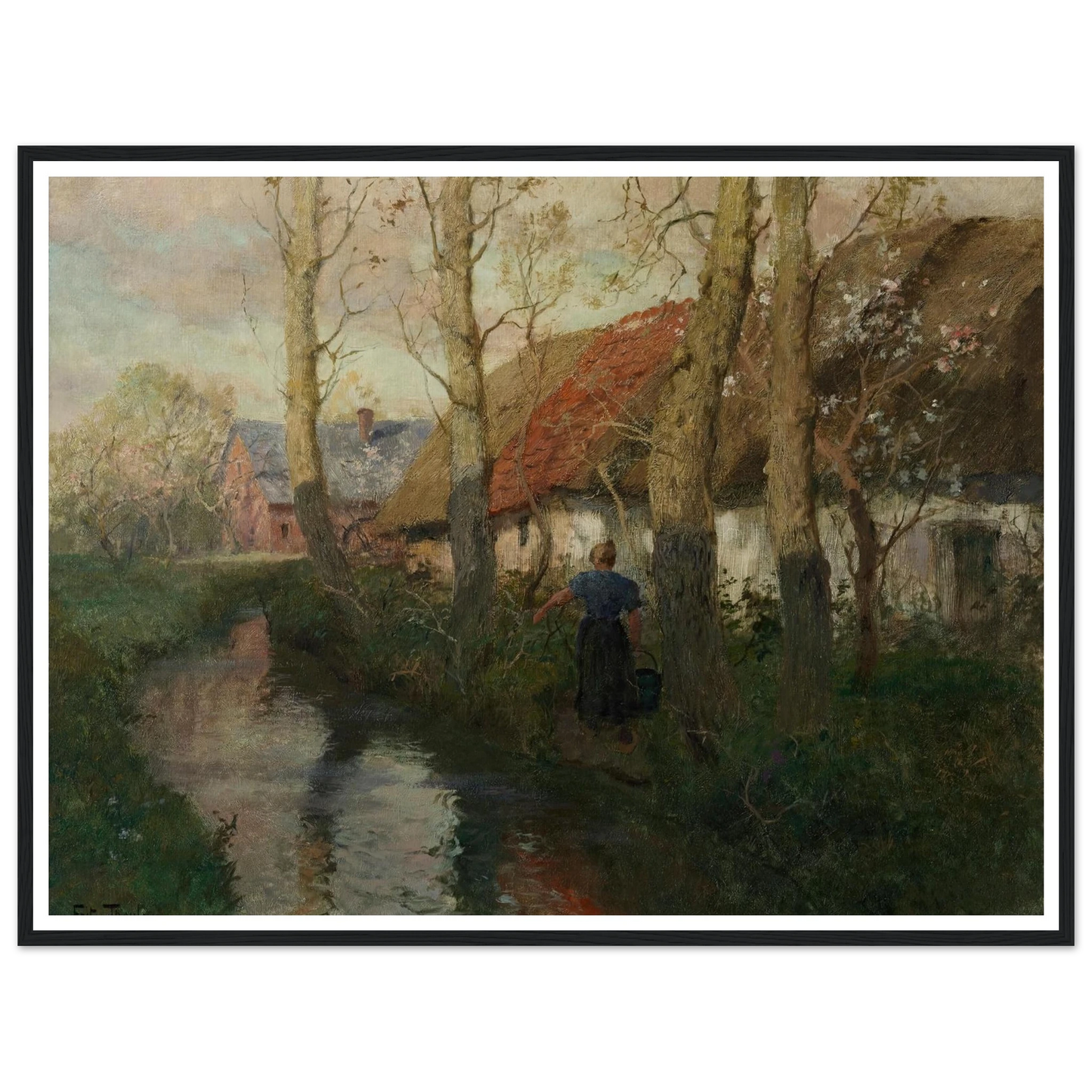 A River in Normandy with a Woman Carrying Water (circa 1894-1898) Art Print | Frits Thaulow - Framed Poster - 30x40 cm / 12x16″ - Black frame