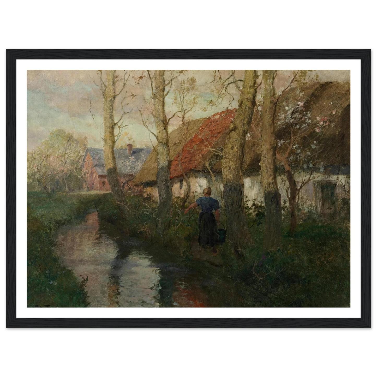 A River in Normandy with a Woman Carrying Water (circa 1894-1898) Art Print | Frits Thaulow - Framed Poster - 30x40 cm / 12x16″ - Black frame