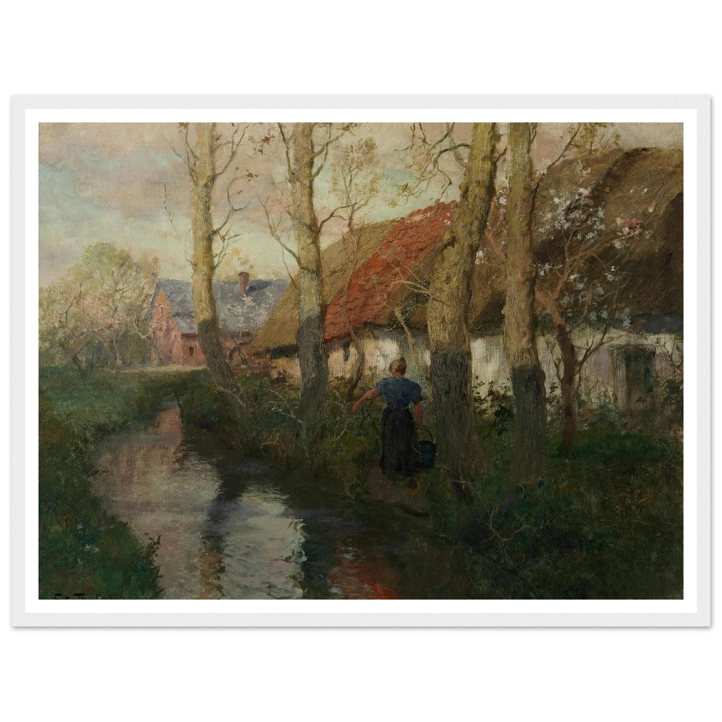 A River in Normandy with a Woman Carrying Water (circa 1894-1898) Art Print | Frits Thaulow - Framed Poster - 30x40 cm / 12x16″ - Black frame