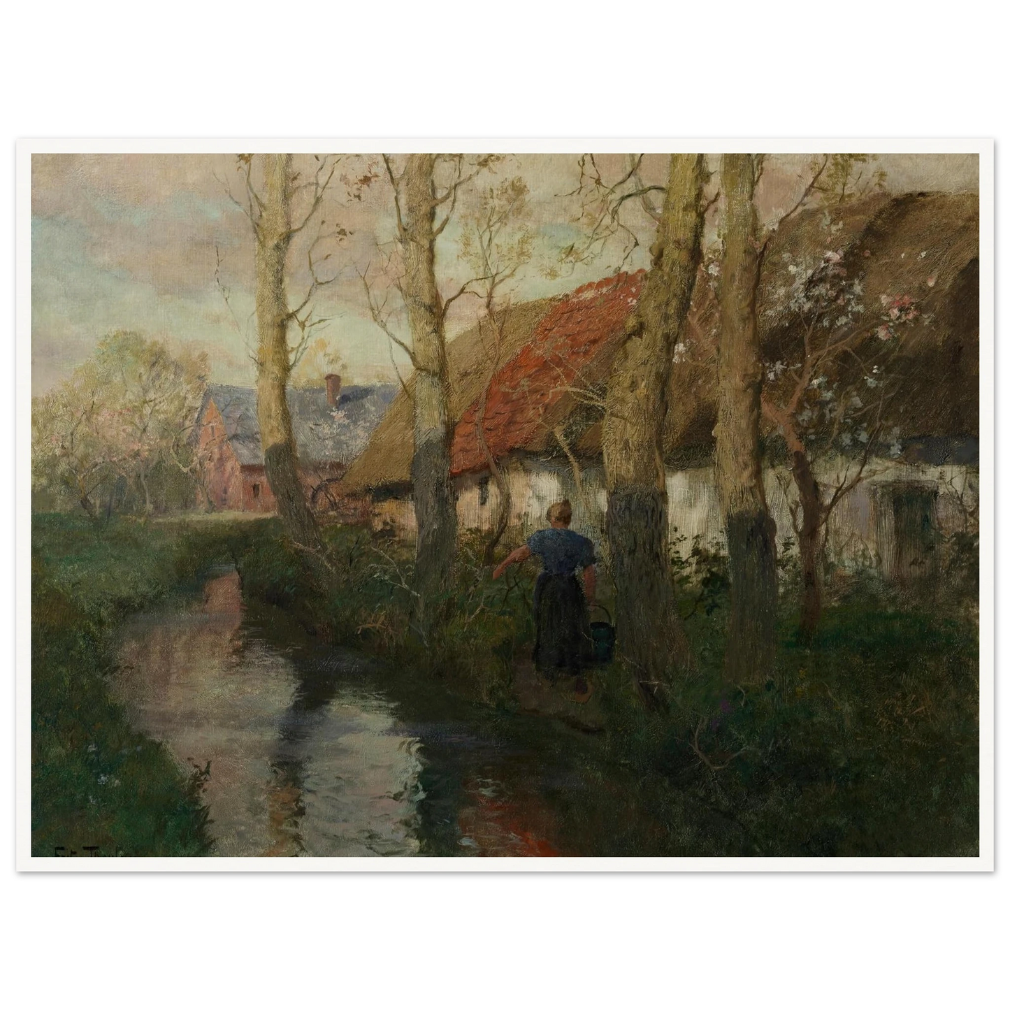 A River in Normandy with a Woman Carrying Water (circa 1894-1898) Art Print | Frits Thaulow - Framed Poster - 30x40 cm / 12x16″ - Black frame
