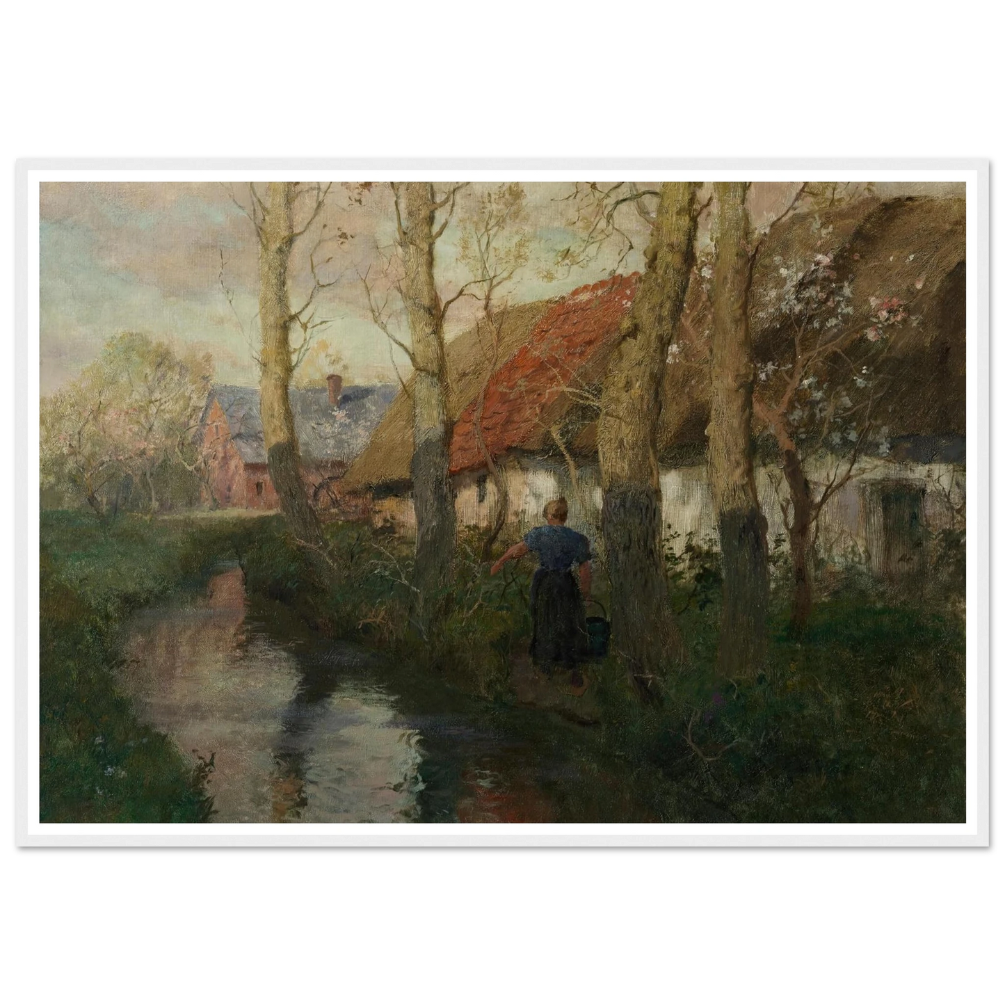 A River in Normandy with a Woman Carrying Water (circa 1894-1898) Art Print | Frits Thaulow - Framed Poster - 30x40 cm / 12x16″ - Black frame