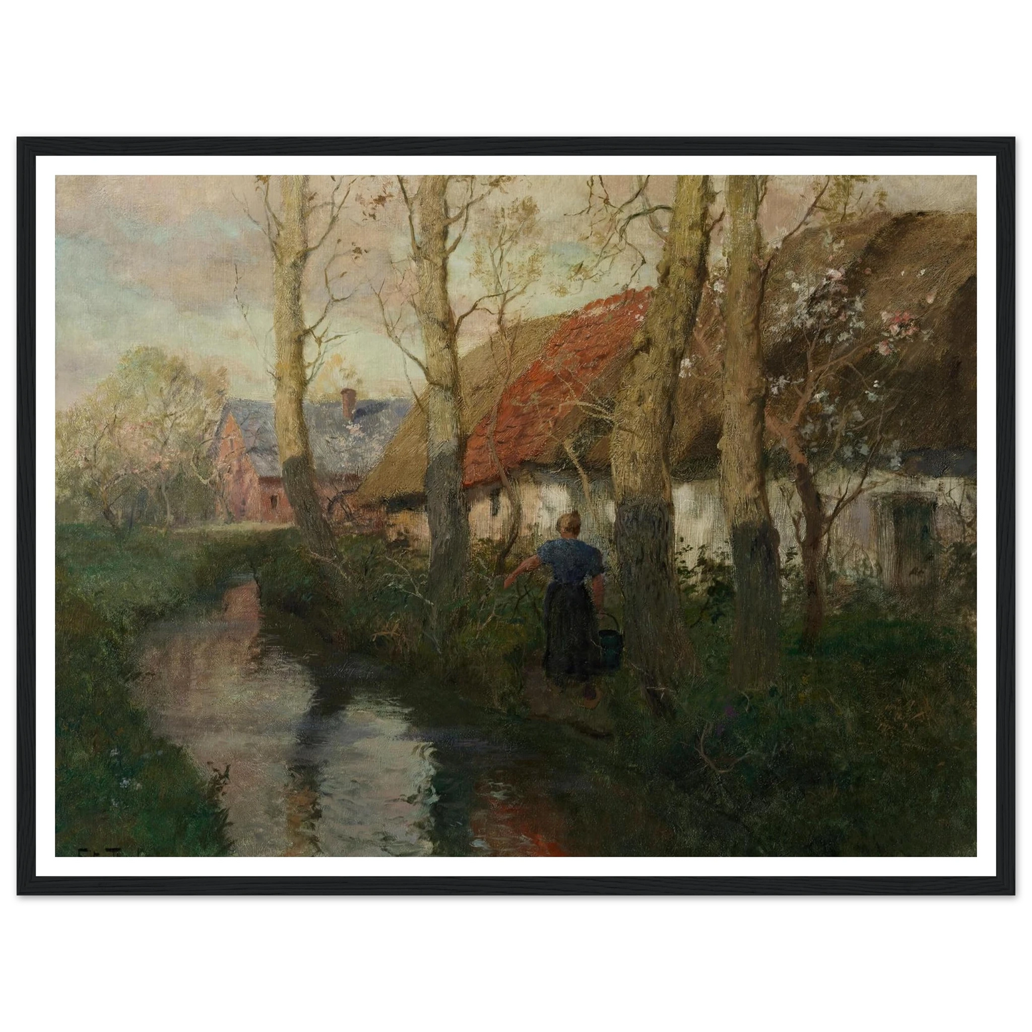 A River in Normandy with a Woman Carrying Water (circa 1894-1898) Art Print | Frits Thaulow - Framed Poster - 30x40 cm / 12x16″ - Black frame