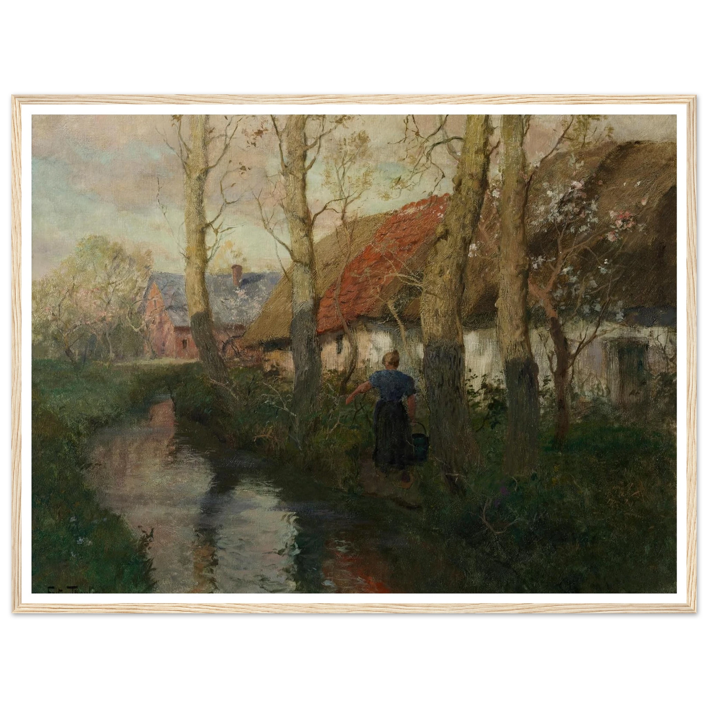 A River in Normandy with a Woman Carrying Water (circa 1894-1898) Art Print | Frits Thaulow - Framed Poster - 30x40 cm / 12x16″ - Black frame
