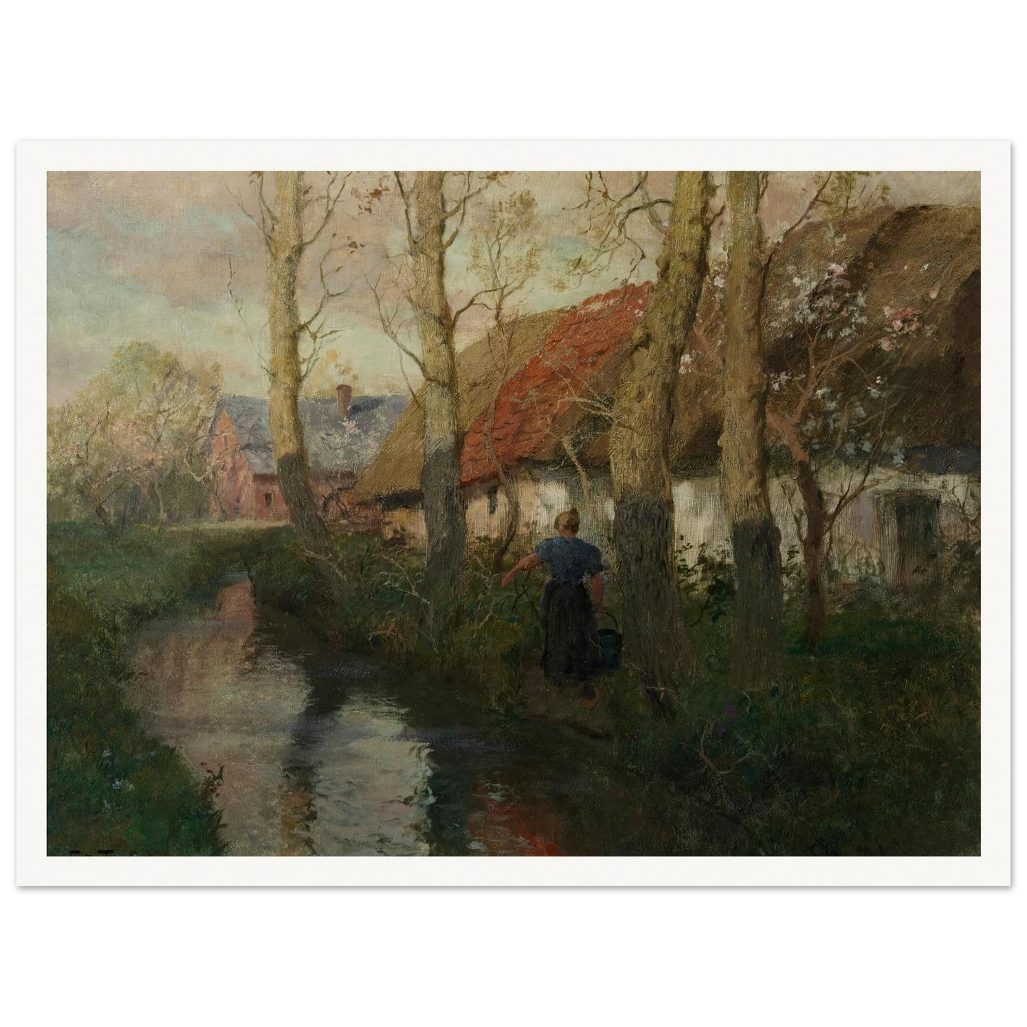 A River in Normandy with a Woman Carrying Water (circa 1894-1898) Art Print | Frits Thaulow - Framed Poster - 30x40 cm / 12x16″ - Black frame
