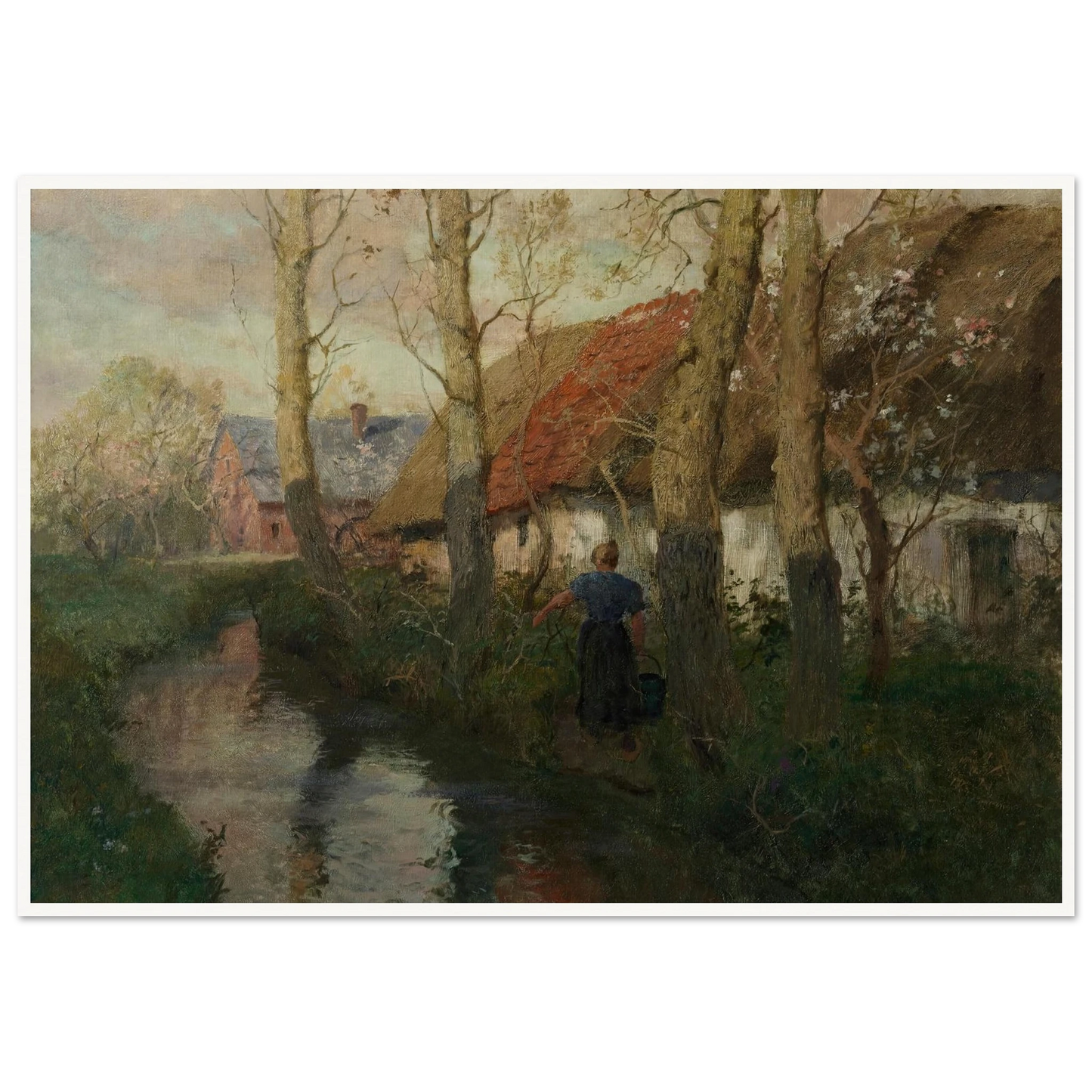 A River in Normandy with a Woman Carrying Water (circa 1894-1898) Art Print | Frits Thaulow - Framed Poster - 30x40 cm / 12x16″ - Black frame