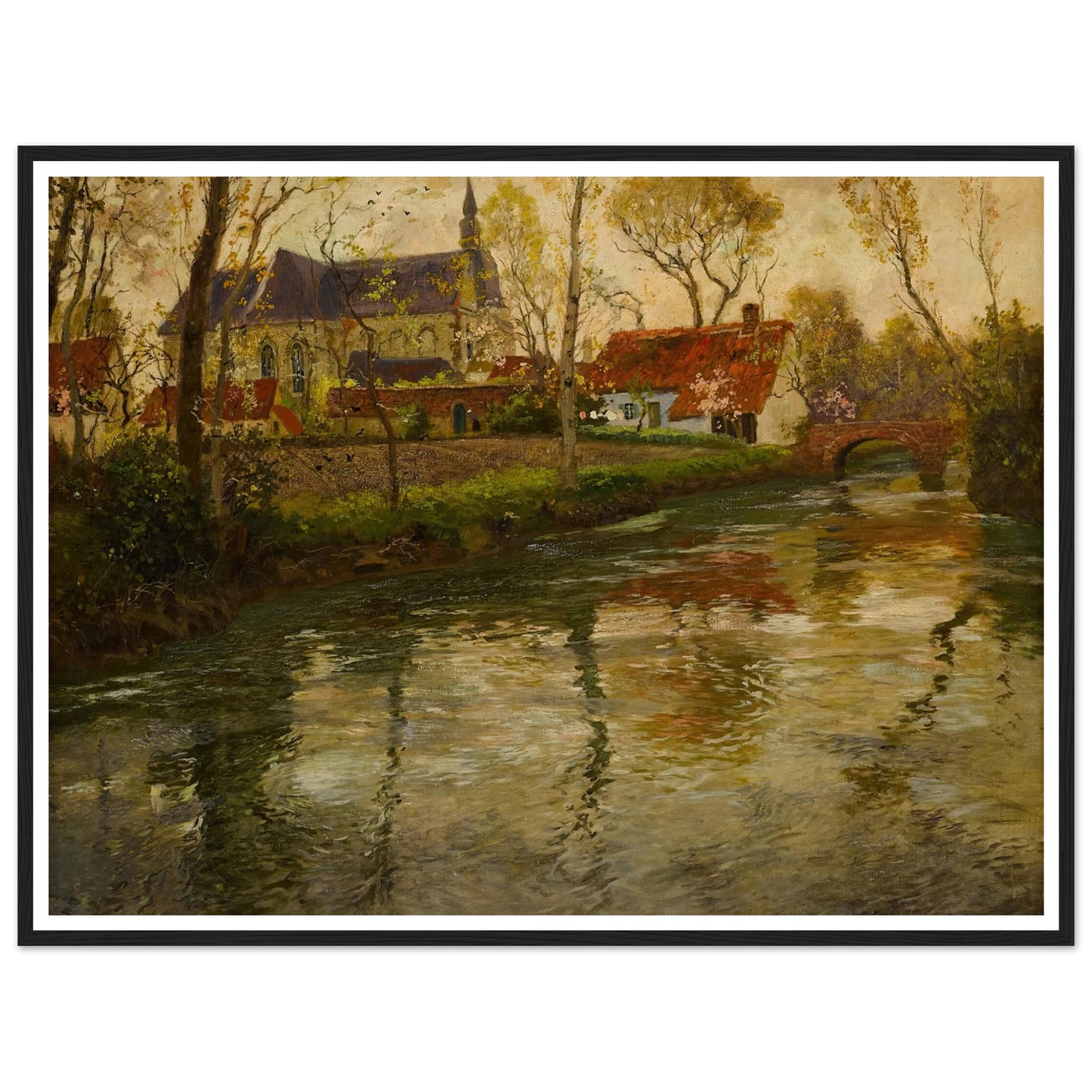 A River Landscape with a Church Beyond Art Print | Frits Thaulow - Framed Poster - 30x40 cm / 12x16″ - Black frame