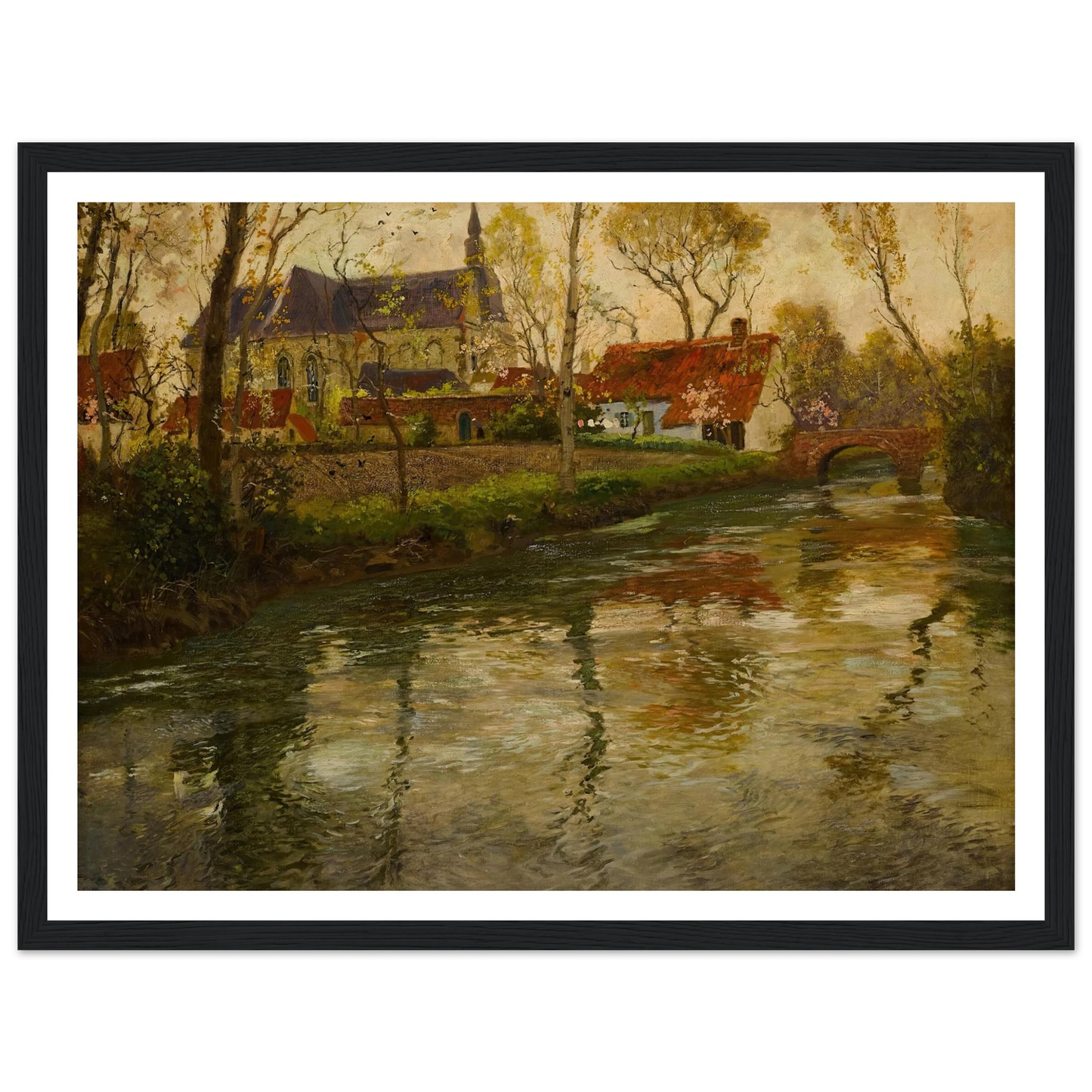 A River Landscape with a Church Beyond Art Print | Frits Thaulow - Framed Poster - 30x40 cm / 12x16″ - Black frame