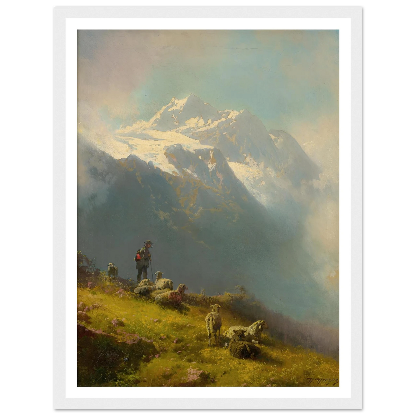 A Shepherd With His Flock Art Print | Hermann Ottomar Herzog - Framed Poster - 30x40 cm / 12x16″ - Black frame