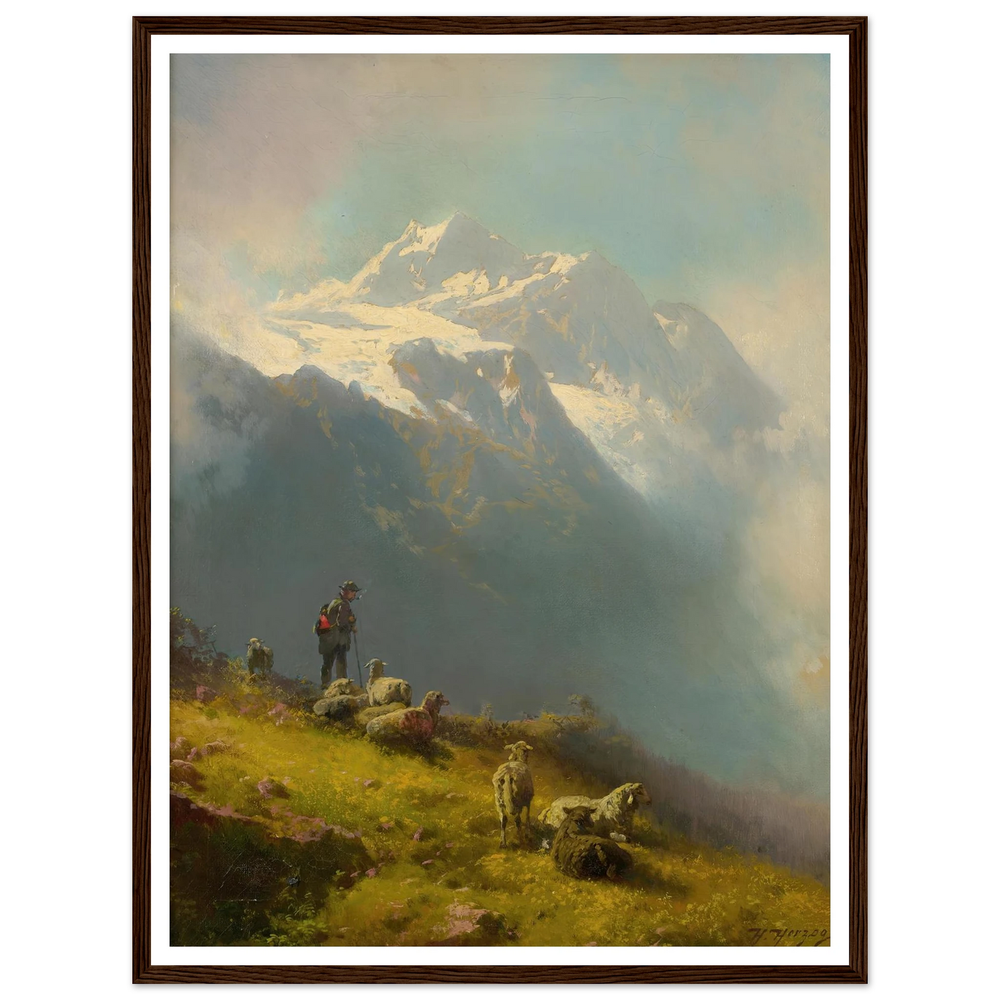 A Shepherd With His Flock Art Print | Hermann Ottomar Herzog - Framed Poster - 30x40 cm / 12x16″ - Black frame