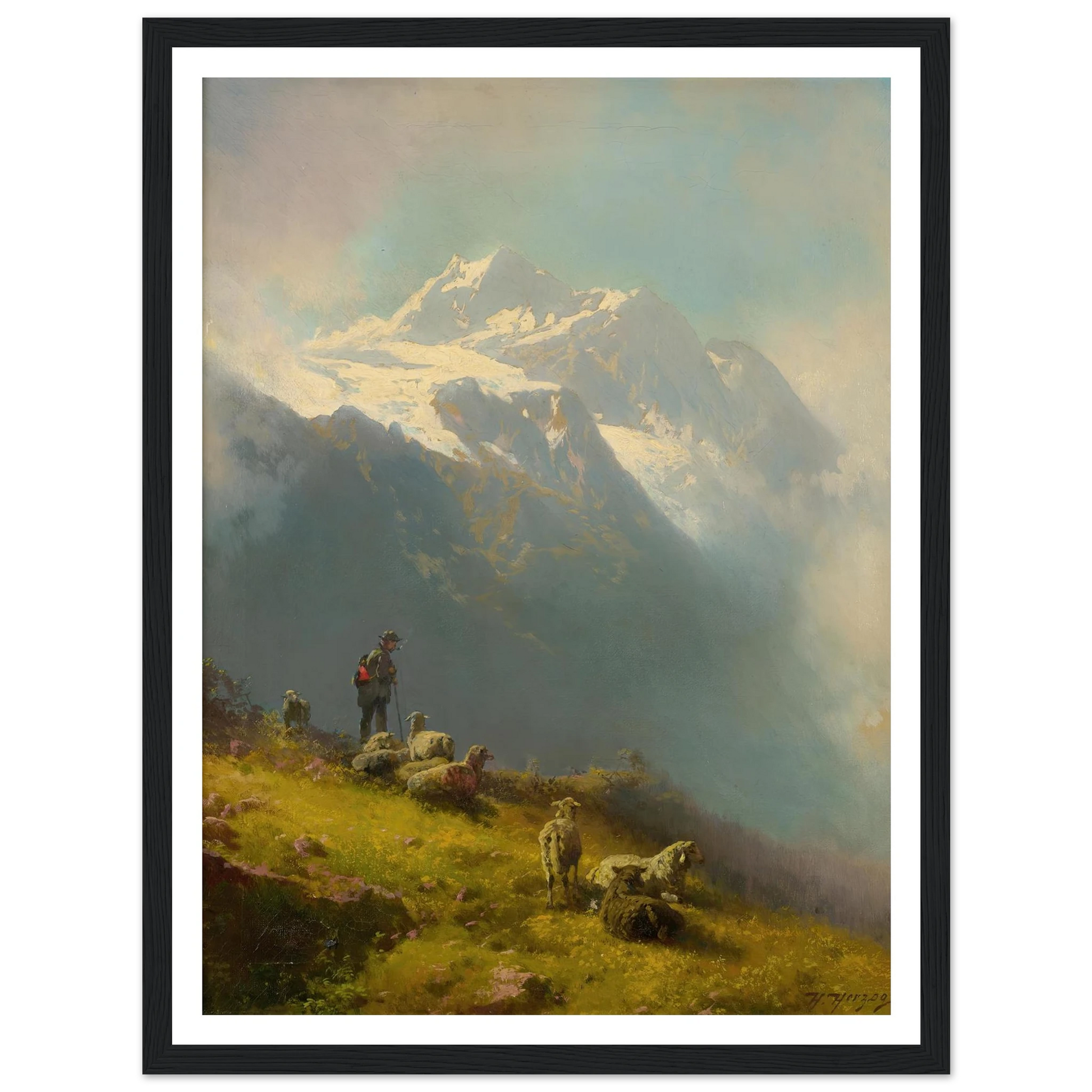 A Shepherd With His Flock Art Print | Hermann Ottomar Herzog - Framed Poster - 30x40 cm / 12x16″ - Black frame