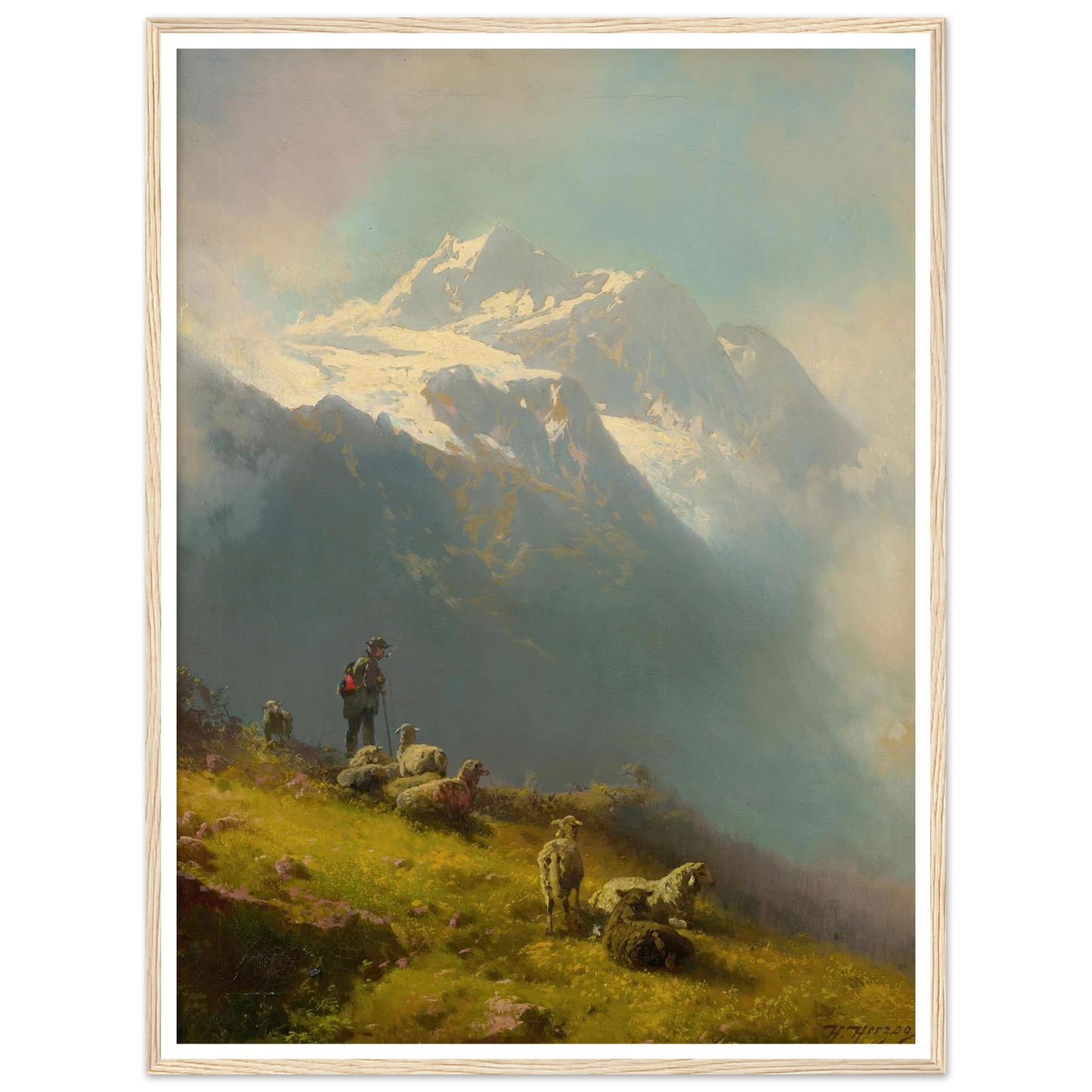 A Shepherd With His Flock Art Print | Hermann Ottomar Herzog - Framed Poster - 30x40 cm / 12x16″ - Black frame