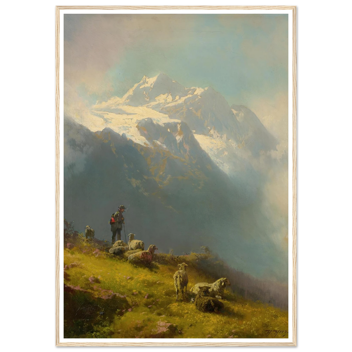 A Shepherd With His Flock Art Print | Hermann Ottomar Herzog - Framed Poster - 30x40 cm / 12x16″ - Black frame
