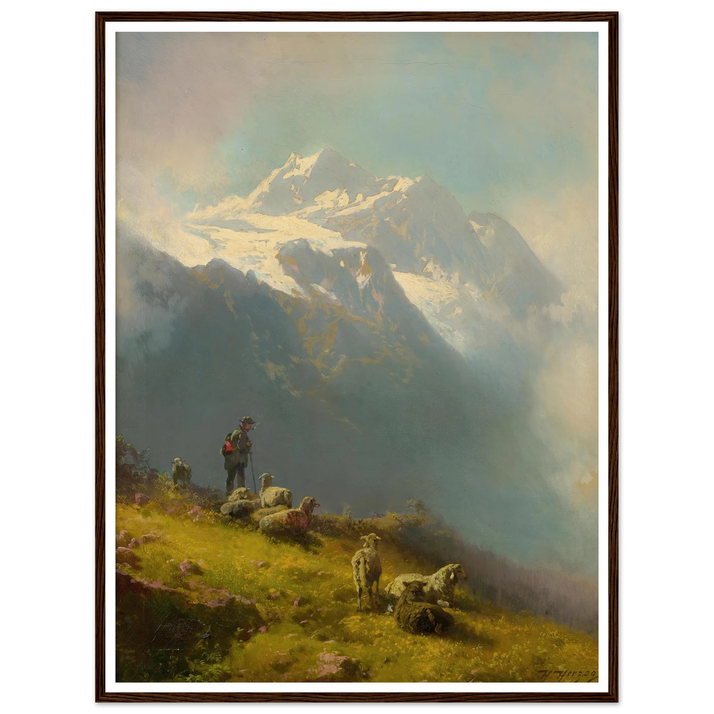 A Shepherd With His Flock Art Print | Hermann Ottomar Herzog - Framed Poster - 30x40 cm / 12x16″ - Black frame