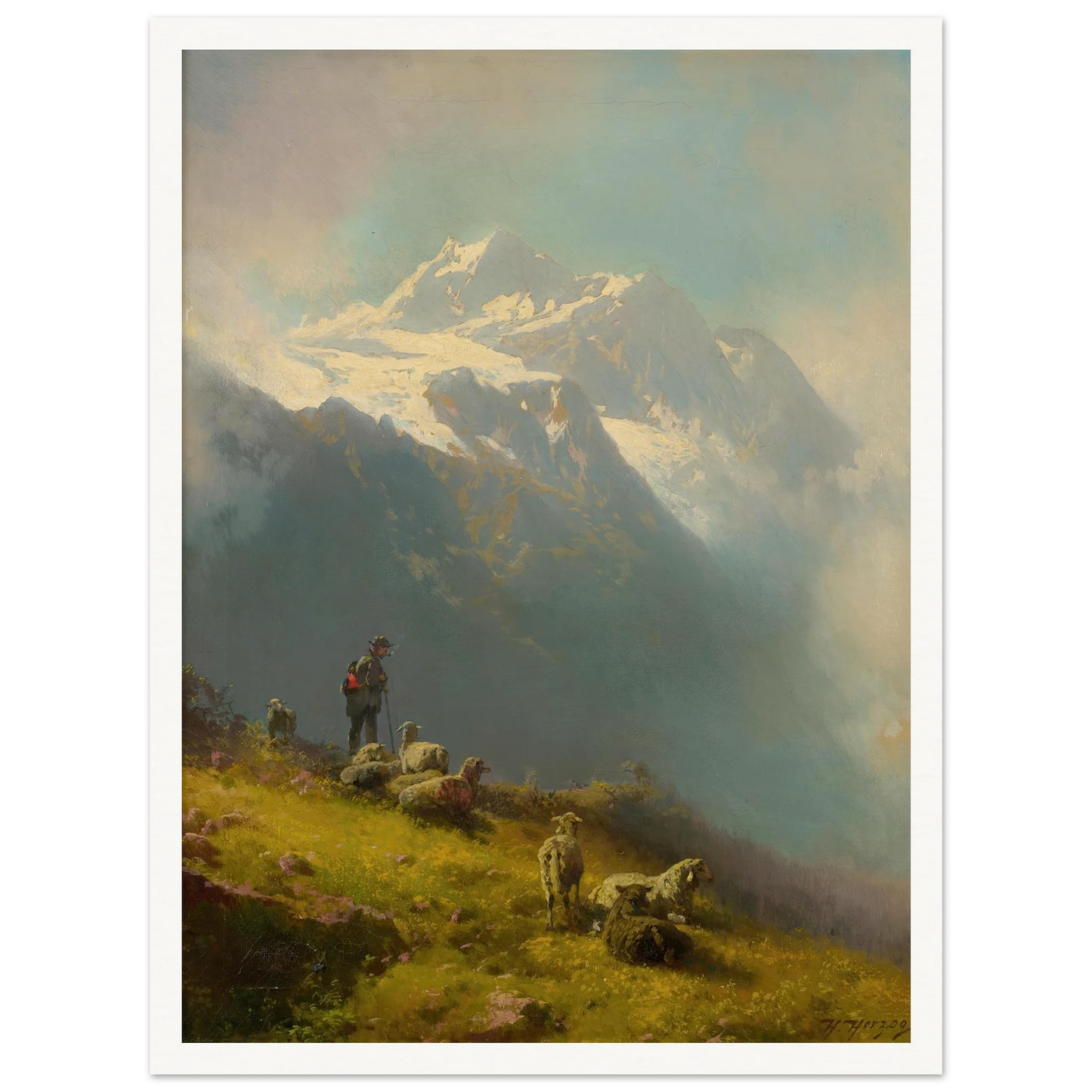 A Shepherd With His Flock Art Print | Hermann Ottomar Herzog - Framed Poster - 30x40 cm / 12x16″ - Black frame