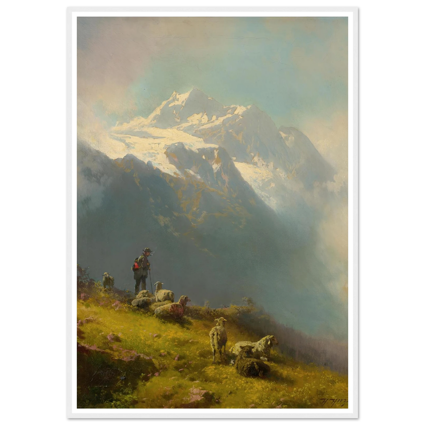 A Shepherd With His Flock Art Print | Hermann Ottomar Herzog - Framed Poster - 30x40 cm / 12x16″ - Black frame
