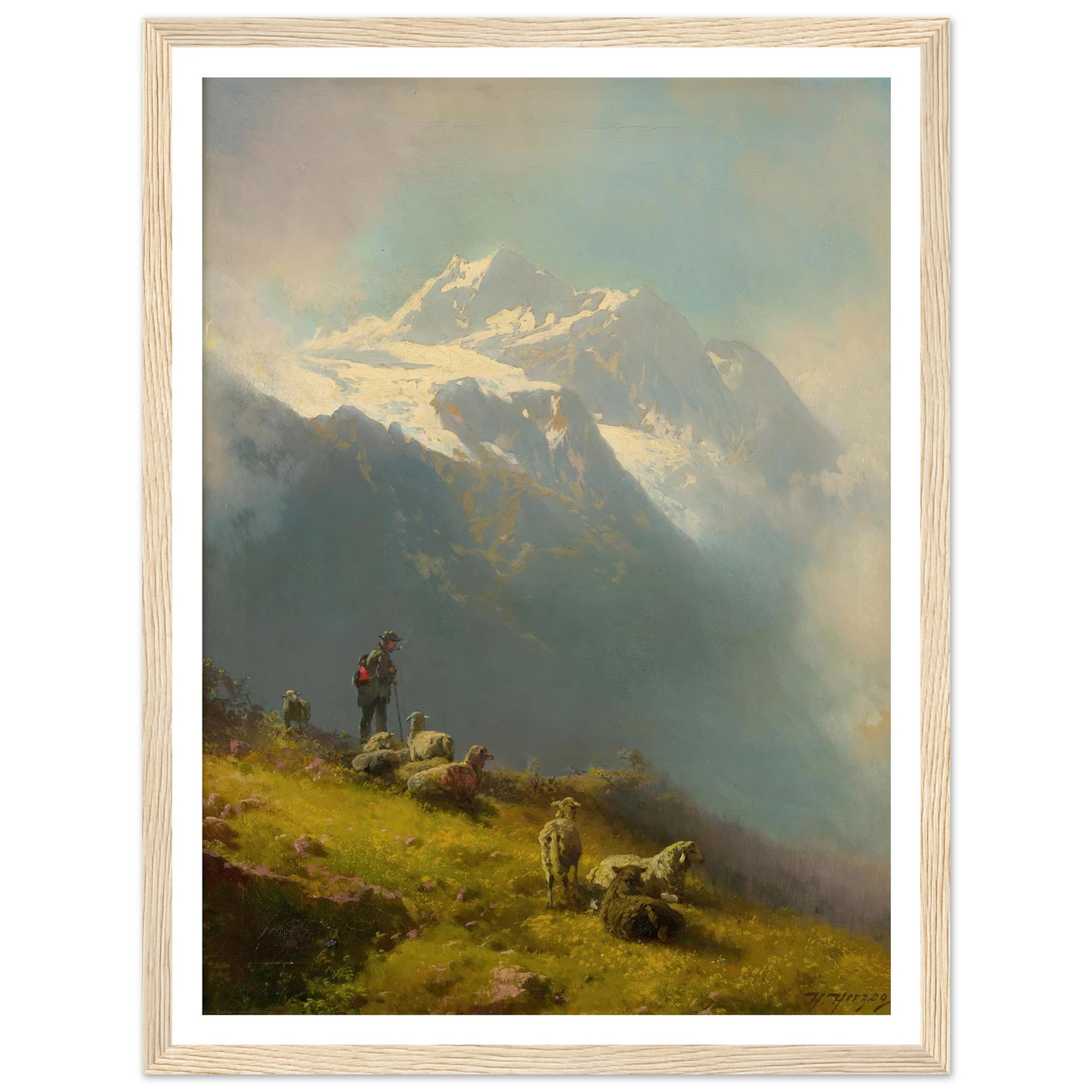 A Shepherd With His Flock Art Print | Hermann Ottomar Herzog - Framed Poster - 30x40 cm / 12x16″ - Black frame