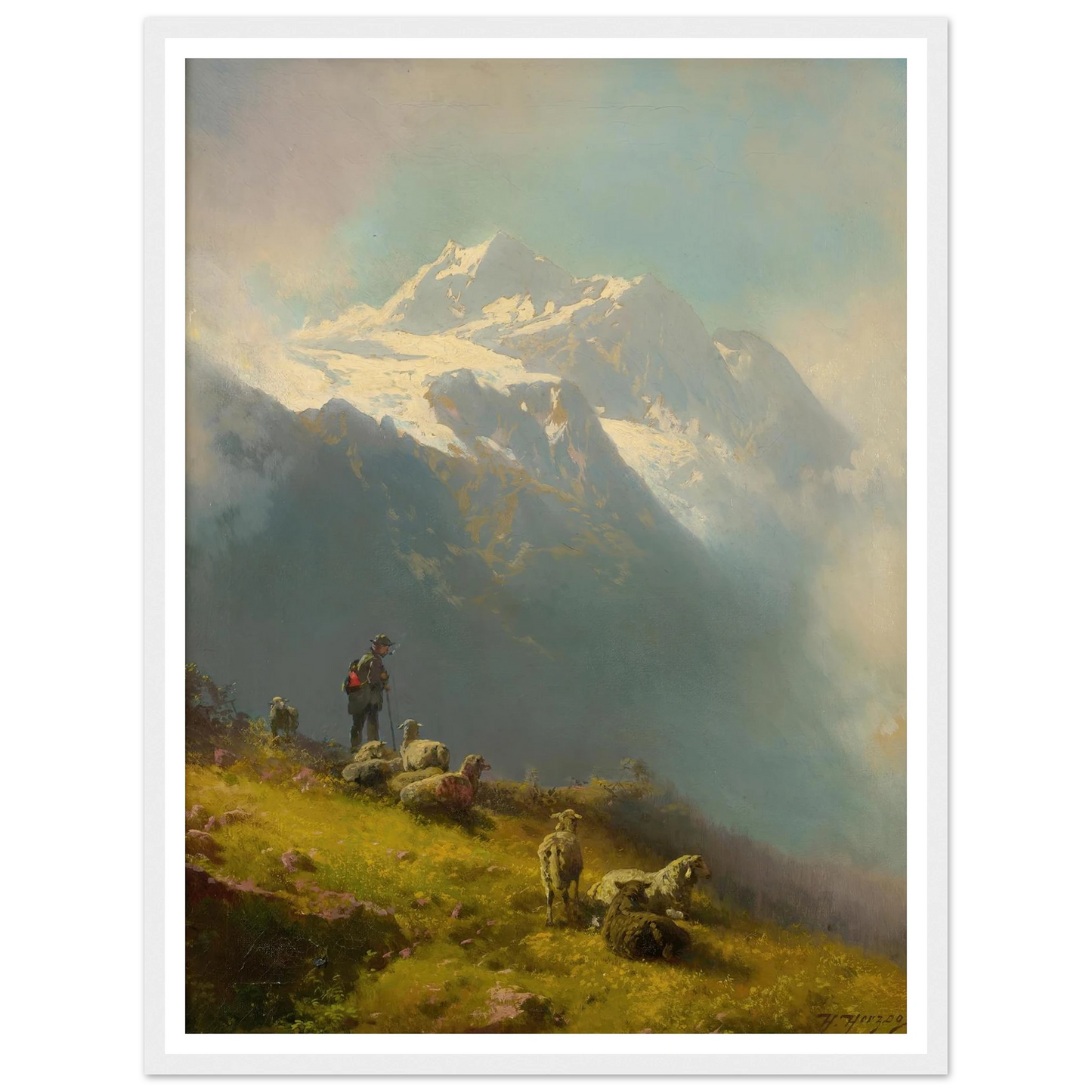 A Shepherd With His Flock Art Print | Hermann Ottomar Herzog - Framed Poster - 30x40 cm / 12x16″ - Black frame