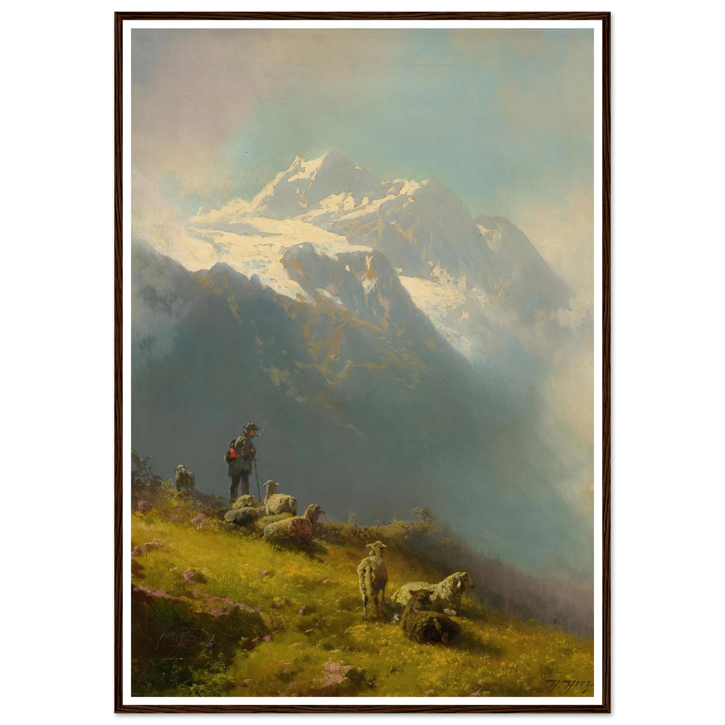 A Shepherd With His Flock Art Print | Hermann Ottomar Herzog - Framed Poster - 30x40 cm / 12x16″ - Black frame