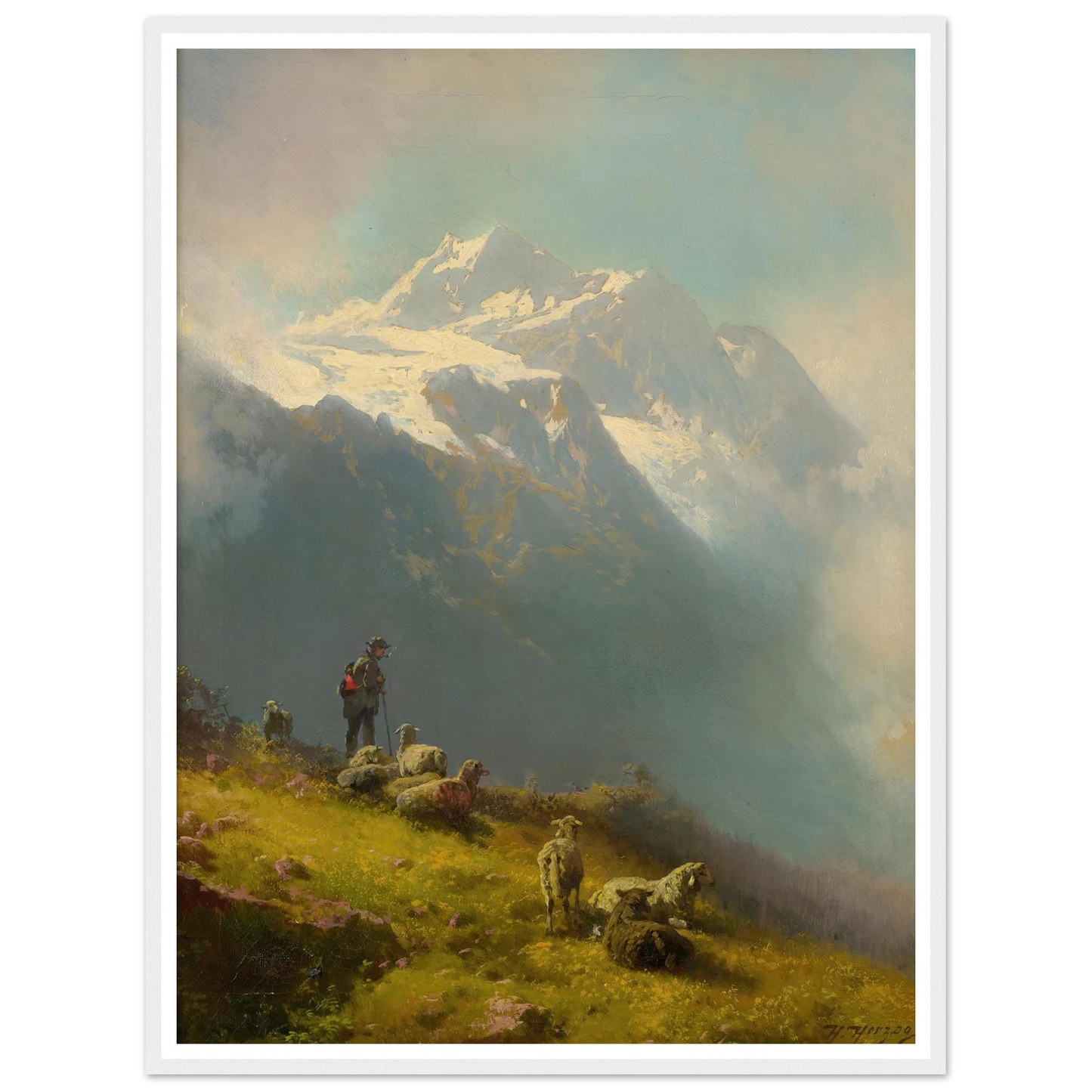 A Shepherd With His Flock Art Print | Hermann Ottomar Herzog - Framed Poster - 30x40 cm / 12x16″ - Black frame
