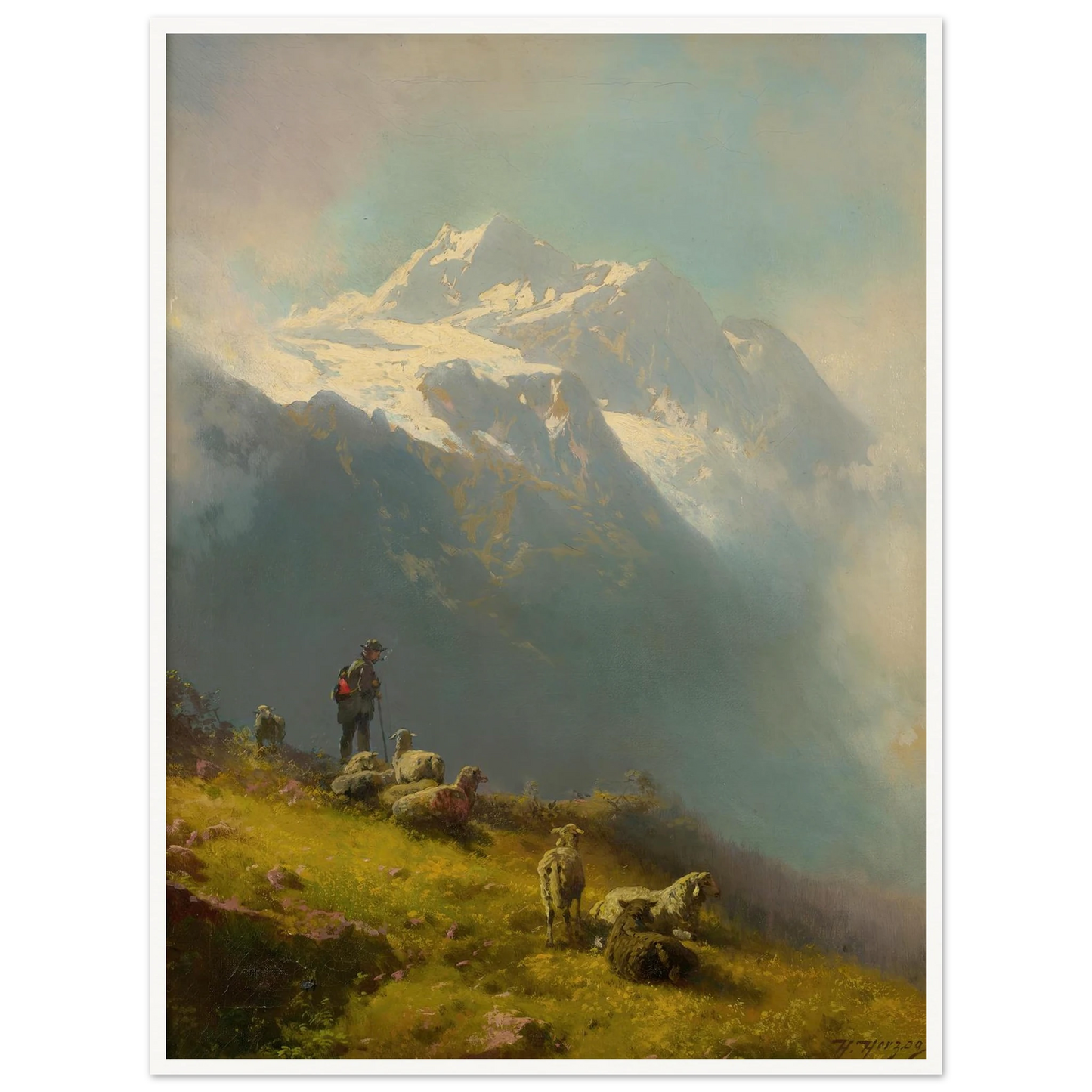 A Shepherd With His Flock Art Print | Hermann Ottomar Herzog - Framed Poster - 30x40 cm / 12x16″ - Black frame