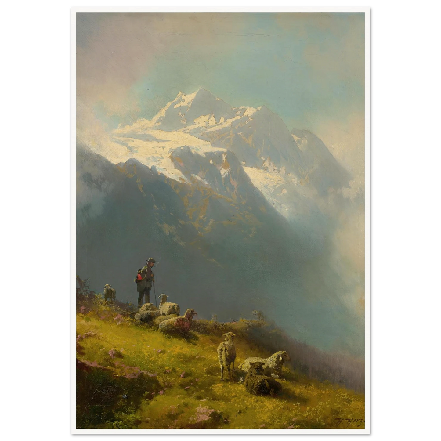 A Shepherd With His Flock Art Print | Hermann Ottomar Herzog - Framed Poster - 30x40 cm / 12x16″ - Black frame