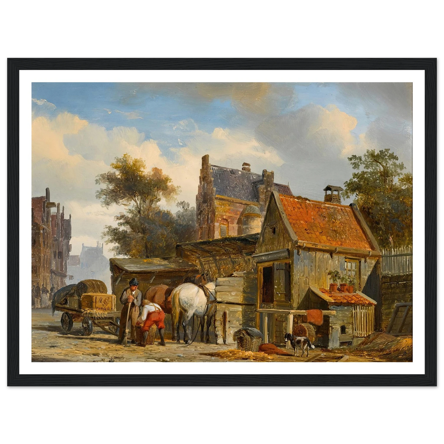 A Street Scene with a Blacksmith at Work (1844) Art Print | Cornelis Springer - Framed Poster - 30x40 cm / 12x16″ - Black frame