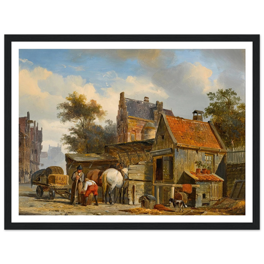 A Street Scene with a Blacksmith at Work (1844) Art Print | Cornelis Springer - Framed Poster - 30x40 cm / 12x16″ - Black frame
