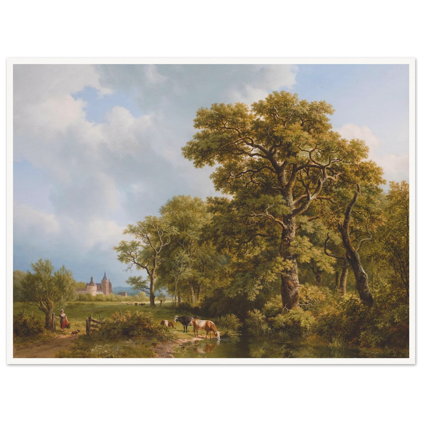 A Summer Landscape With cows Watering, A Castle In The Distance (1836) Art Print | Barend Cornelis Koekkoek - Framed Poster - 30x40 cm / 12x16″ - Black frame