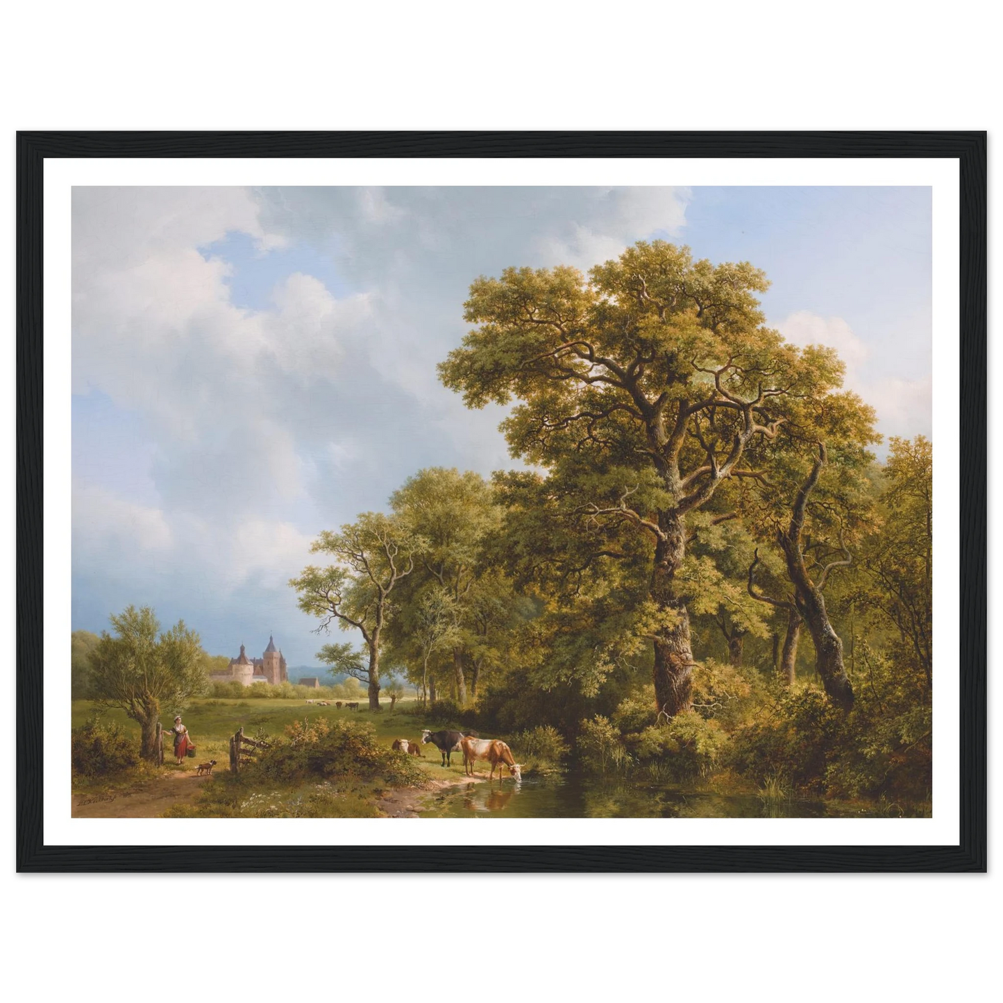A Summer Landscape With cows Watering, A Castle In The Distance (1836) Art Print | Barend Cornelis Koekkoek - Framed Poster - 30x40 cm / 12x16″ - Black frame
