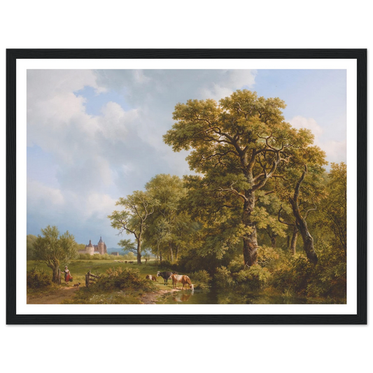 A Summer Landscape With cows Watering, A Castle In The Distance (1836) Art Print | Barend Cornelis Koekkoek - Framed Poster - 30x40 cm / 12x16″ - Black frame