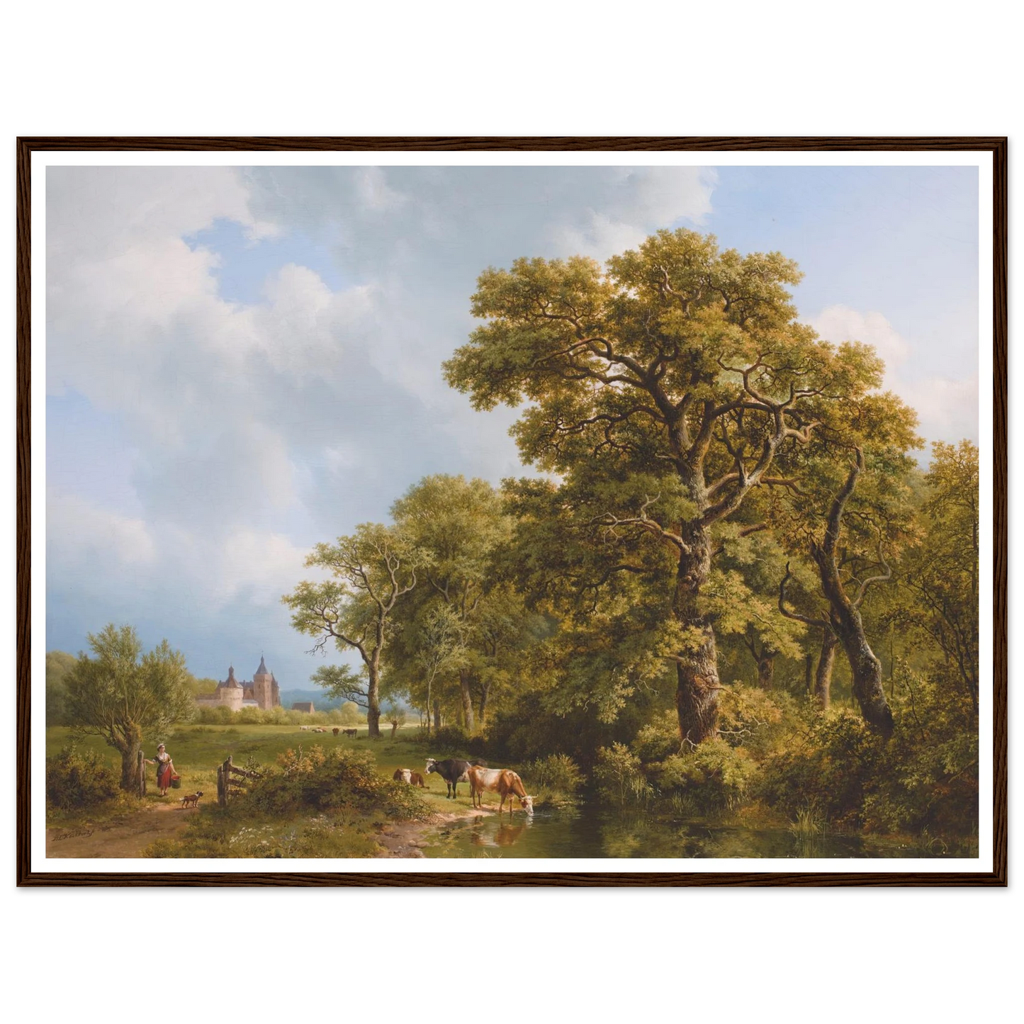 A Summer Landscape With cows Watering, A Castle In The Distance (1836) Art Print | Barend Cornelis Koekkoek - Framed Poster - 30x40 cm / 12x16″ - Black frame