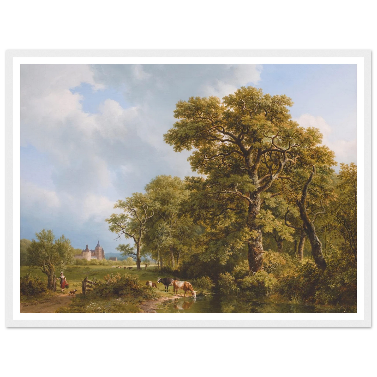 A Summer Landscape With cows Watering, A Castle In The Distance (1836) Art Print | Barend Cornelis Koekkoek - Framed Poster - 30x40 cm / 12x16″ - Black frame