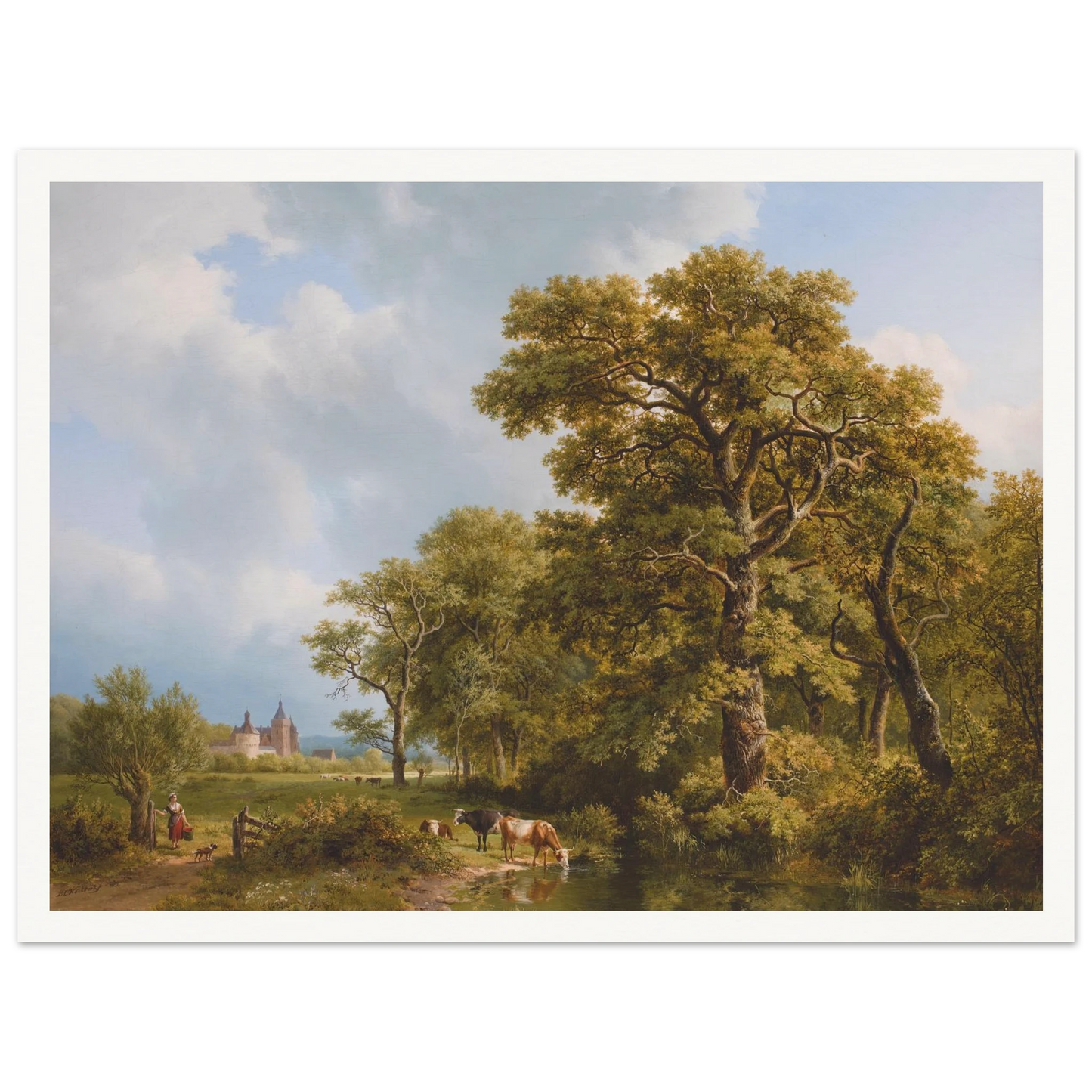 A Summer Landscape With cows Watering, A Castle In The Distance (1836) Art Print | Barend Cornelis Koekkoek - Framed Poster - 30x40 cm / 12x16″ - Black frame