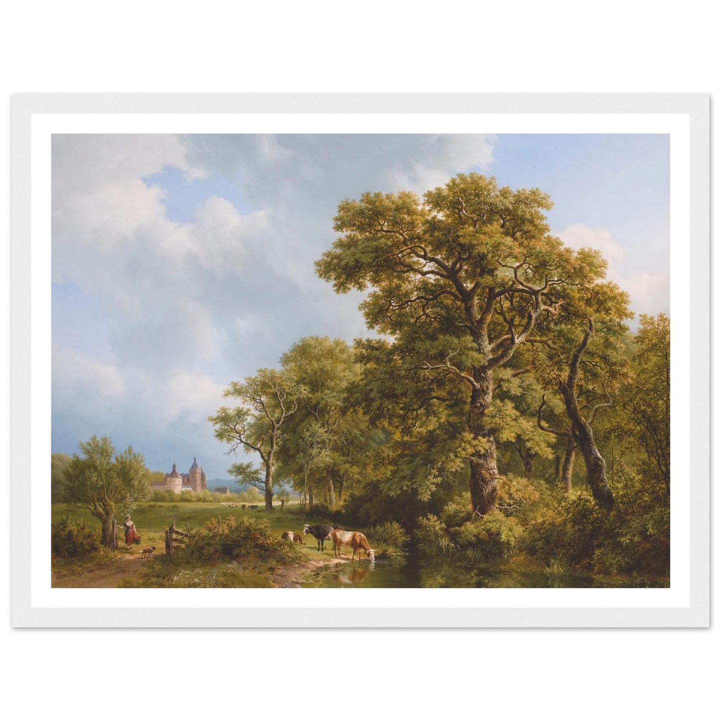 A Summer Landscape With cows Watering, A Castle In The Distance (1836) Art Print | Barend Cornelis Koekkoek - Framed Poster - 30x40 cm / 12x16″ - Black frame