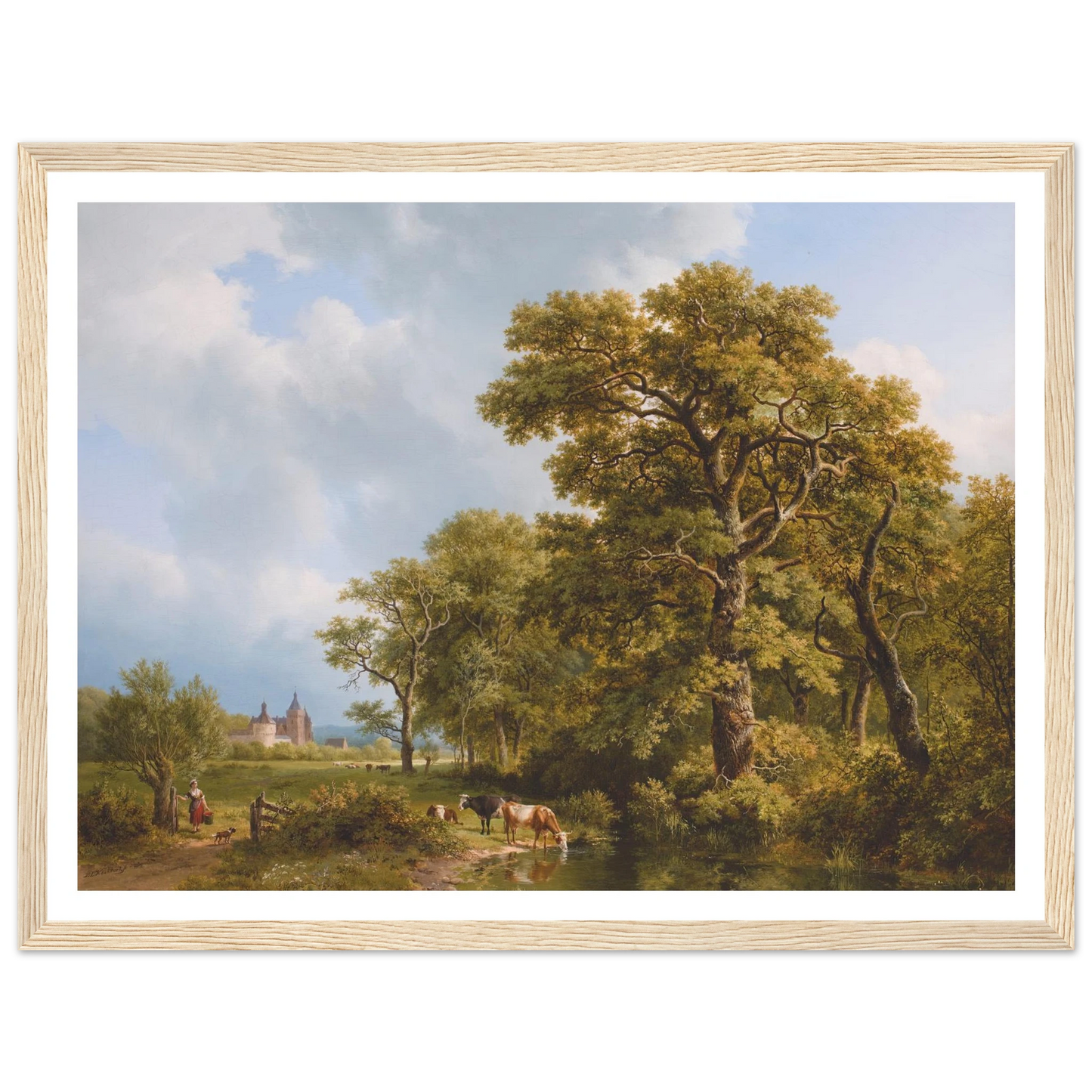 A Summer Landscape With cows Watering, A Castle In The Distance (1836) Art Print | Barend Cornelis Koekkoek - Framed Poster - 30x40 cm / 12x16″ - Black frame