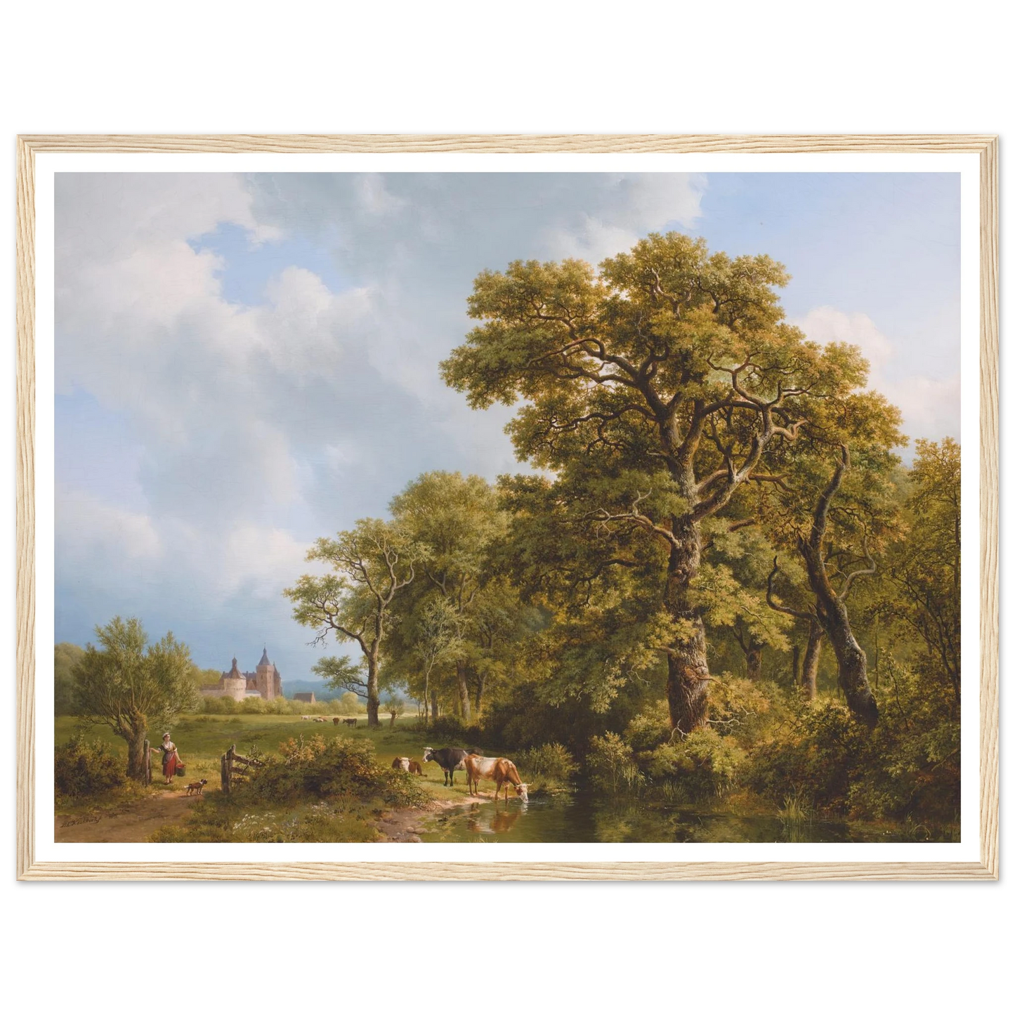 A Summer Landscape With cows Watering, A Castle In The Distance (1836) Art Print | Barend Cornelis Koekkoek - Framed Poster - 30x40 cm / 12x16″ - Black frame