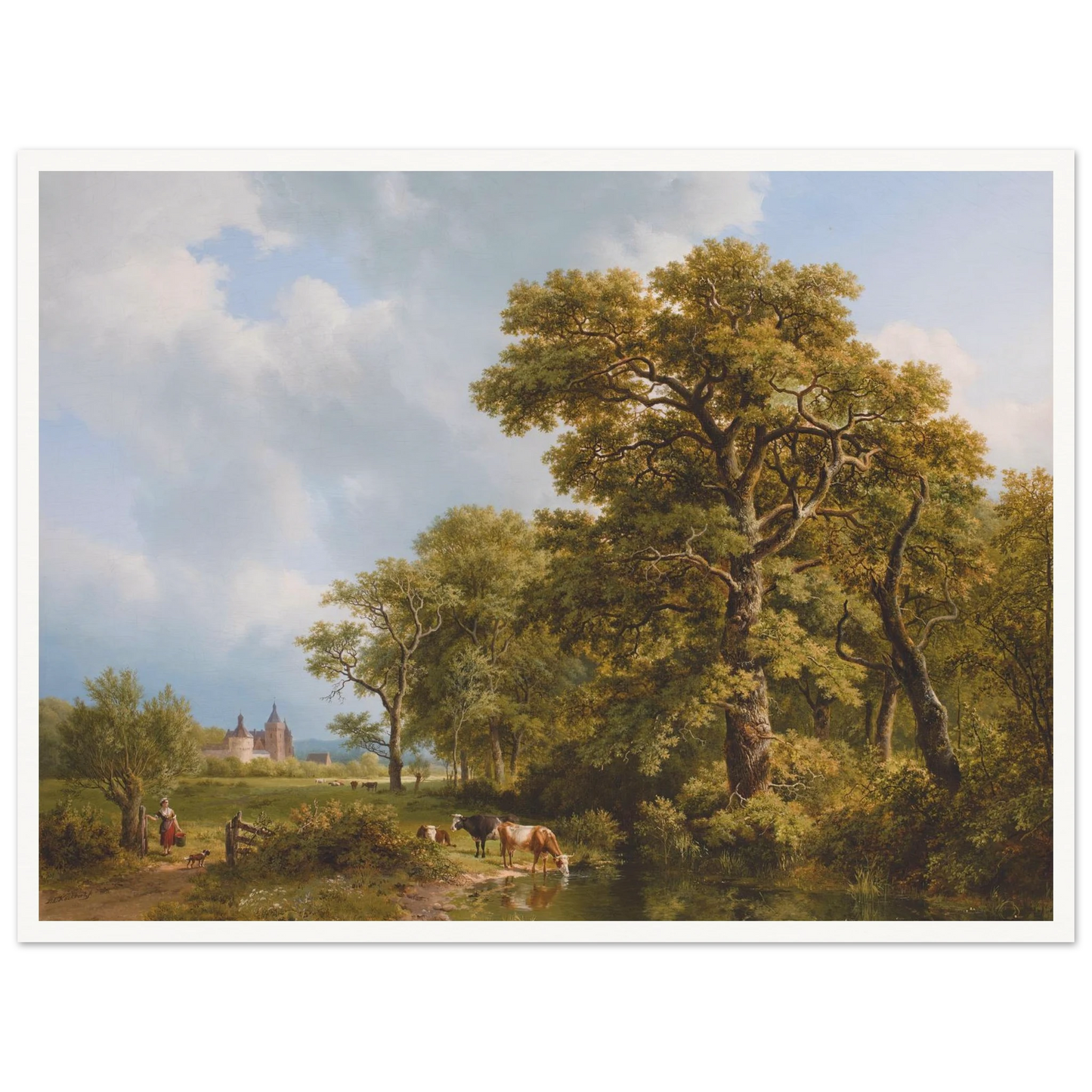 A Summer Landscape With cows Watering, A Castle In The Distance (1836) Art Print | Barend Cornelis Koekkoek - Framed Poster - 30x40 cm / 12x16″ - Black frame