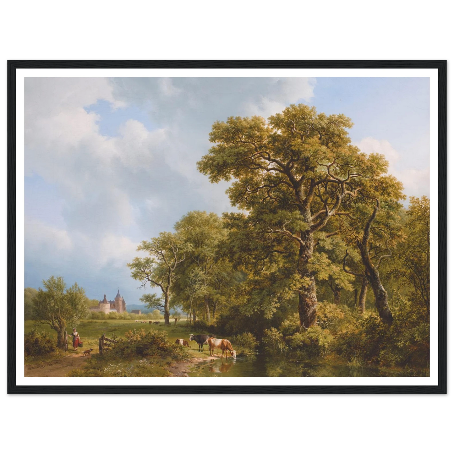 A Summer Landscape With cows Watering, A Castle In The Distance (1836) Art Print | Barend Cornelis Koekkoek - Framed Poster - 30x40 cm / 12x16″ - Black frame