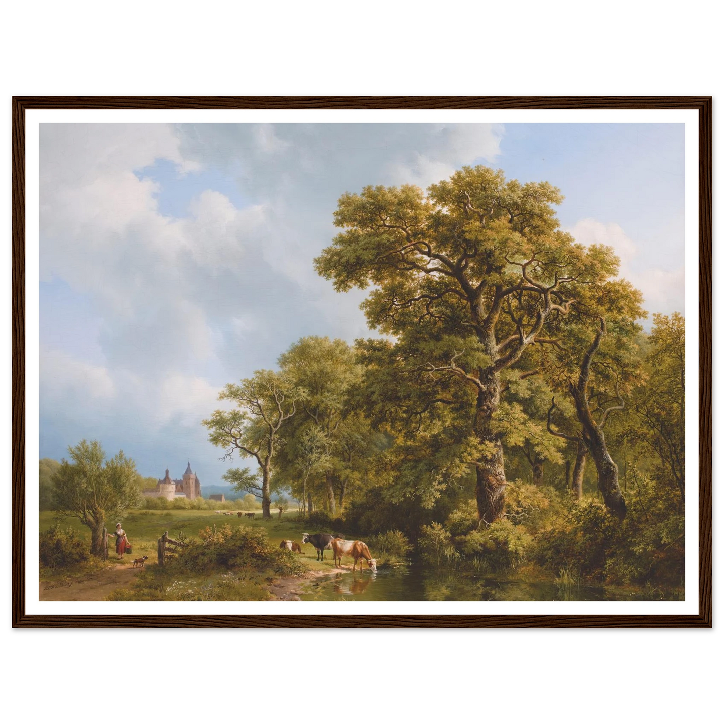 A Summer Landscape With cows Watering, A Castle In The Distance (1836) Art Print | Barend Cornelis Koekkoek - Framed Poster - 30x40 cm / 12x16″ - Black frame