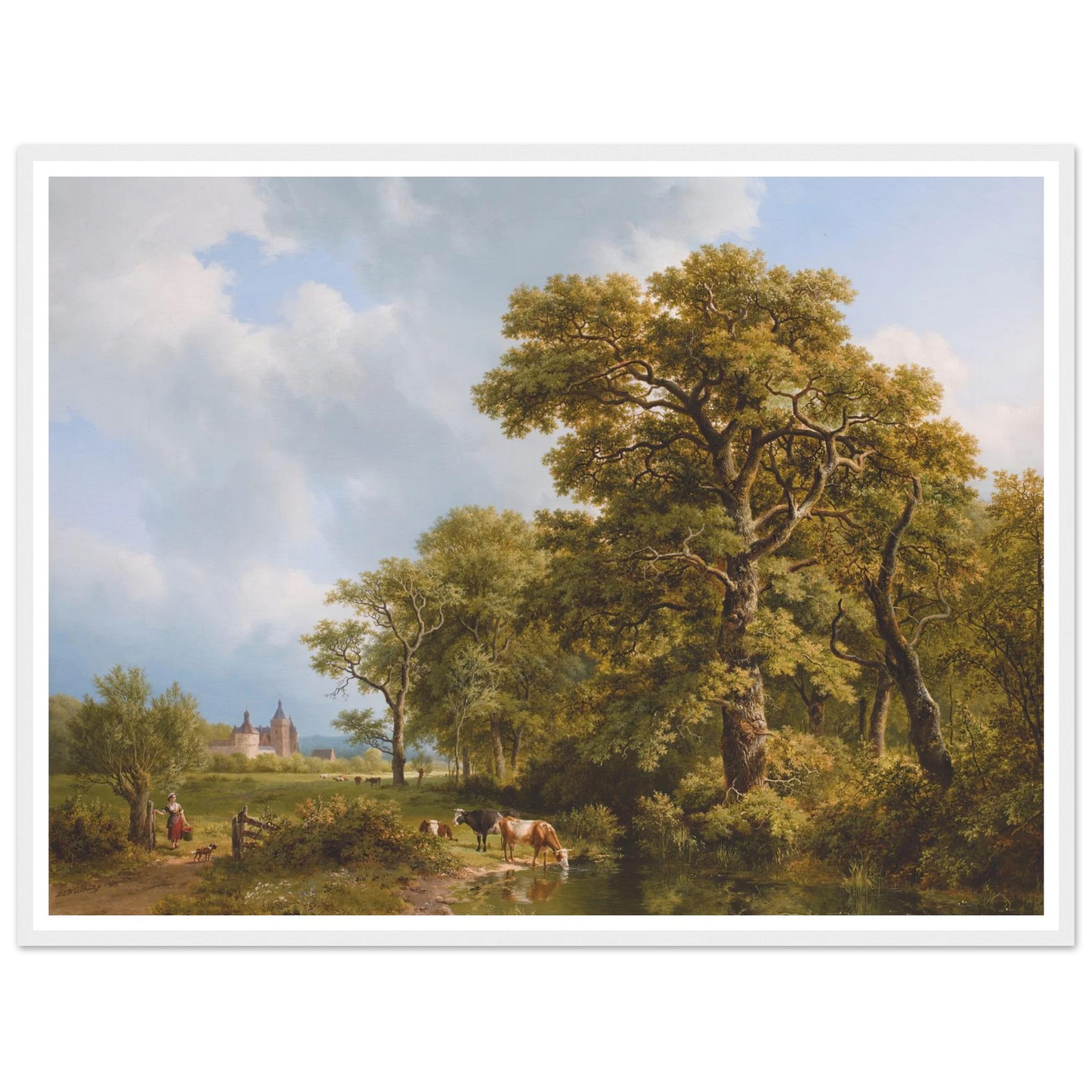 A Summer Landscape With cows Watering, A Castle In The Distance (1836) Art Print | Barend Cornelis Koekkoek - Framed Poster - 30x40 cm / 12x16″ - Black frame