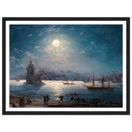 A View of the Bosporus with the Hagia Sophia and the Maiden’s Tower in the Moonlight (1884) Art Print | Ivan Konstantinovich Aivazovsky - Framed Poster - 30x40 cm / 12x16″ - Black frame