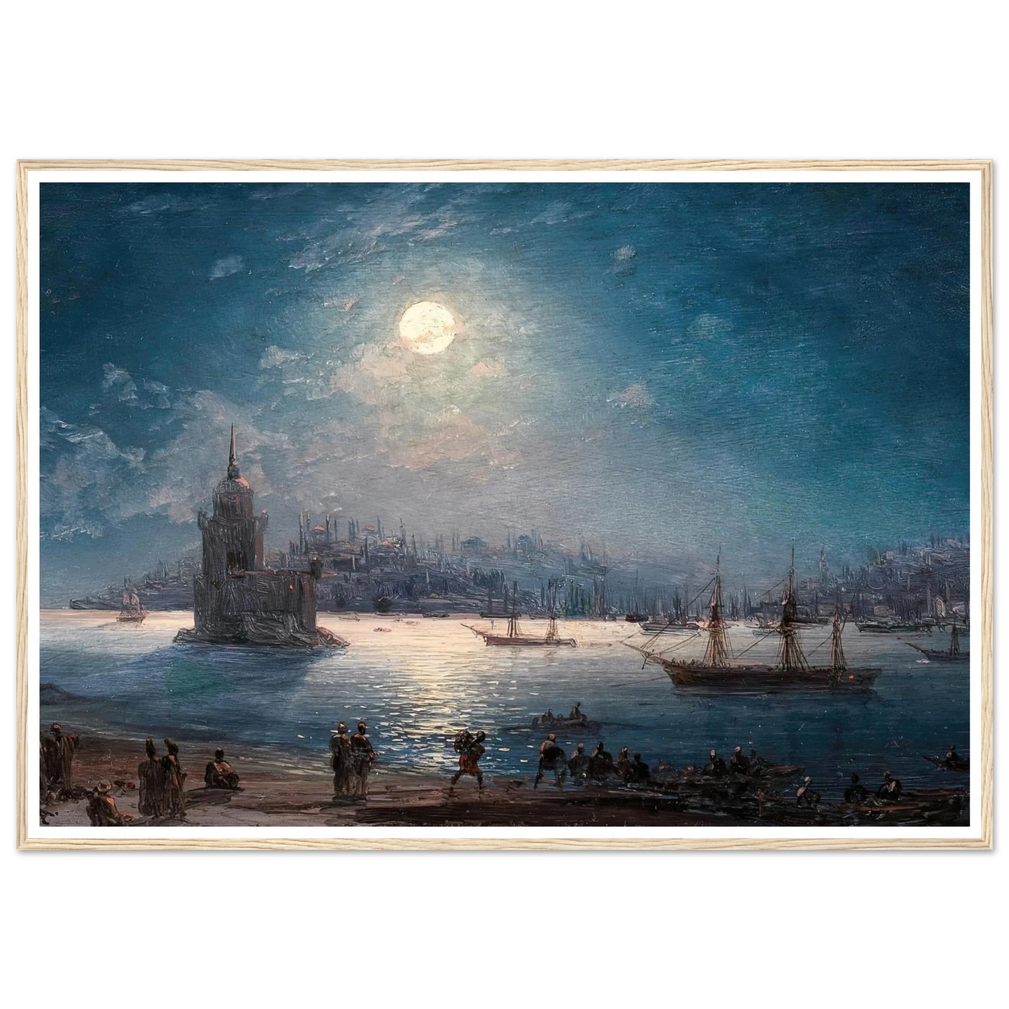 A View of the Bosporus with the Hagia Sophia and the Maiden’s Tower in the Moonlight (1884) Art Print | Ivan Konstantinovich Aivazovsky - Framed Poster - 30x40 cm / 12x16″ - Black frame