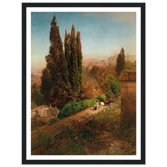 A view of the garden of Villa d’Este in Tivoli, near Rome Art Print | Oswald Achenbach - Framed Poster - 30x40 cm / 12x16″ - Black frame