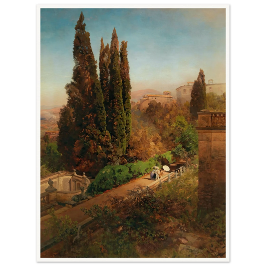 A view of the garden of Villa d’Este in Tivoli, near Rome Art Print | Oswald Achenbach - Framed Poster - 30x40 cm / 12x16″ - Black frame
