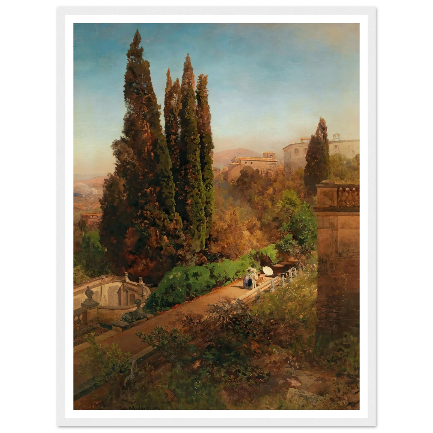 A view of the garden of Villa d’Este in Tivoli, near Rome Art Print | Oswald Achenbach - Framed Poster - 30x40 cm / 12x16″ - Black frame