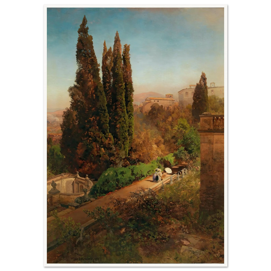 A view of the garden of Villa d’Este in Tivoli, near Rome Art Print | Oswald Achenbach - Framed Poster - 30x40 cm / 12x16″ - Black frame