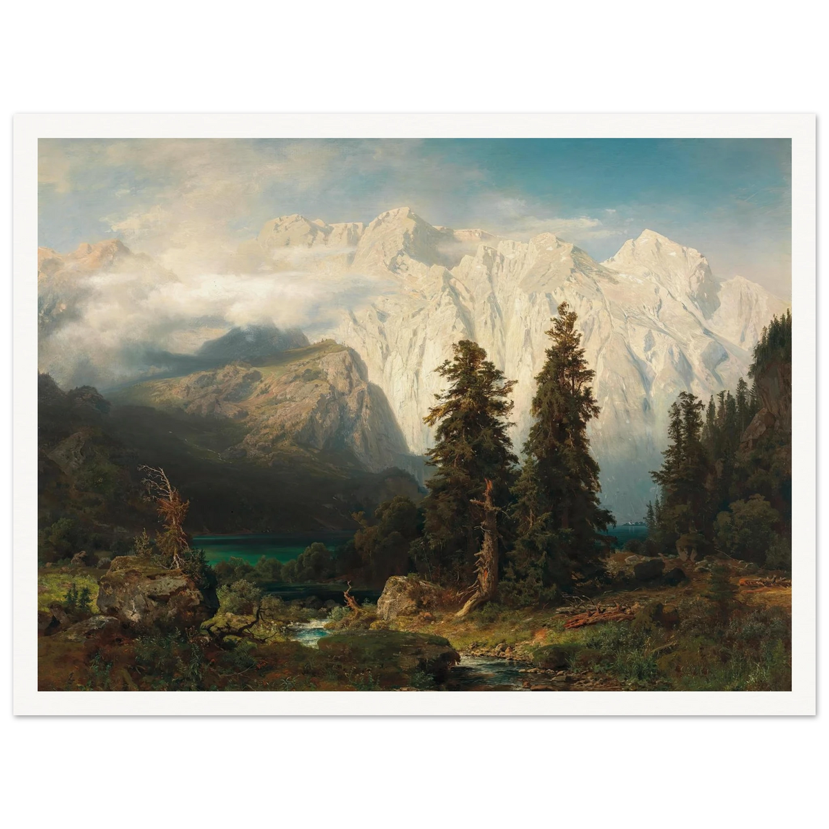 A View of the Watzmann Mountain and Lake Königssee (1856) Art Print | August Wilhelm Leu - Framed Poster - 30x40 cm / 12x16″ - Black frame